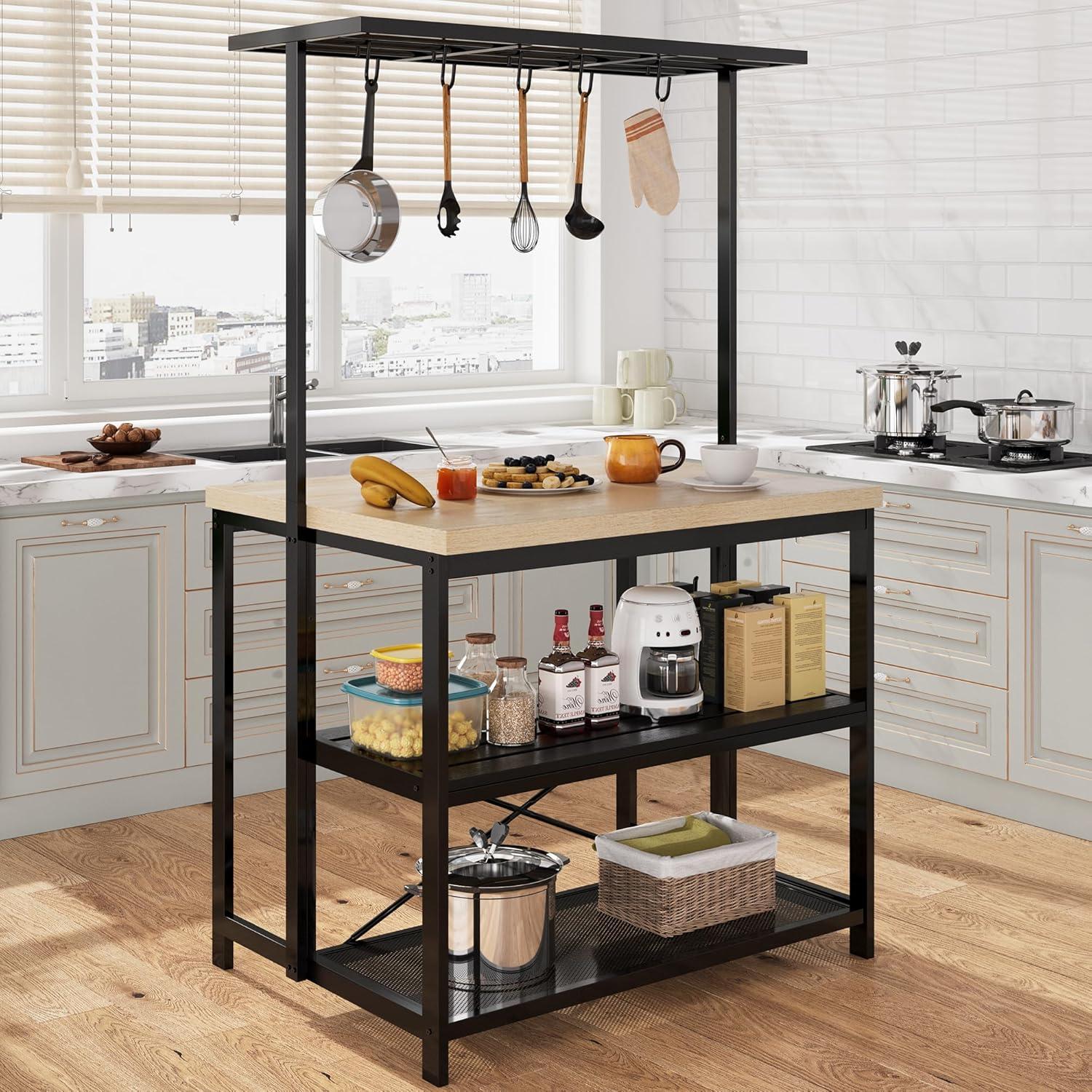 42" Large Kitchen Island Bakers Rack Microwave Oven Stand Shelf with 3 Tier Storage, Metal Coffee Bar Table,Kitchen Storage for Dining Living Room, 5 Hooks, 43.7 * 27.9 * 72