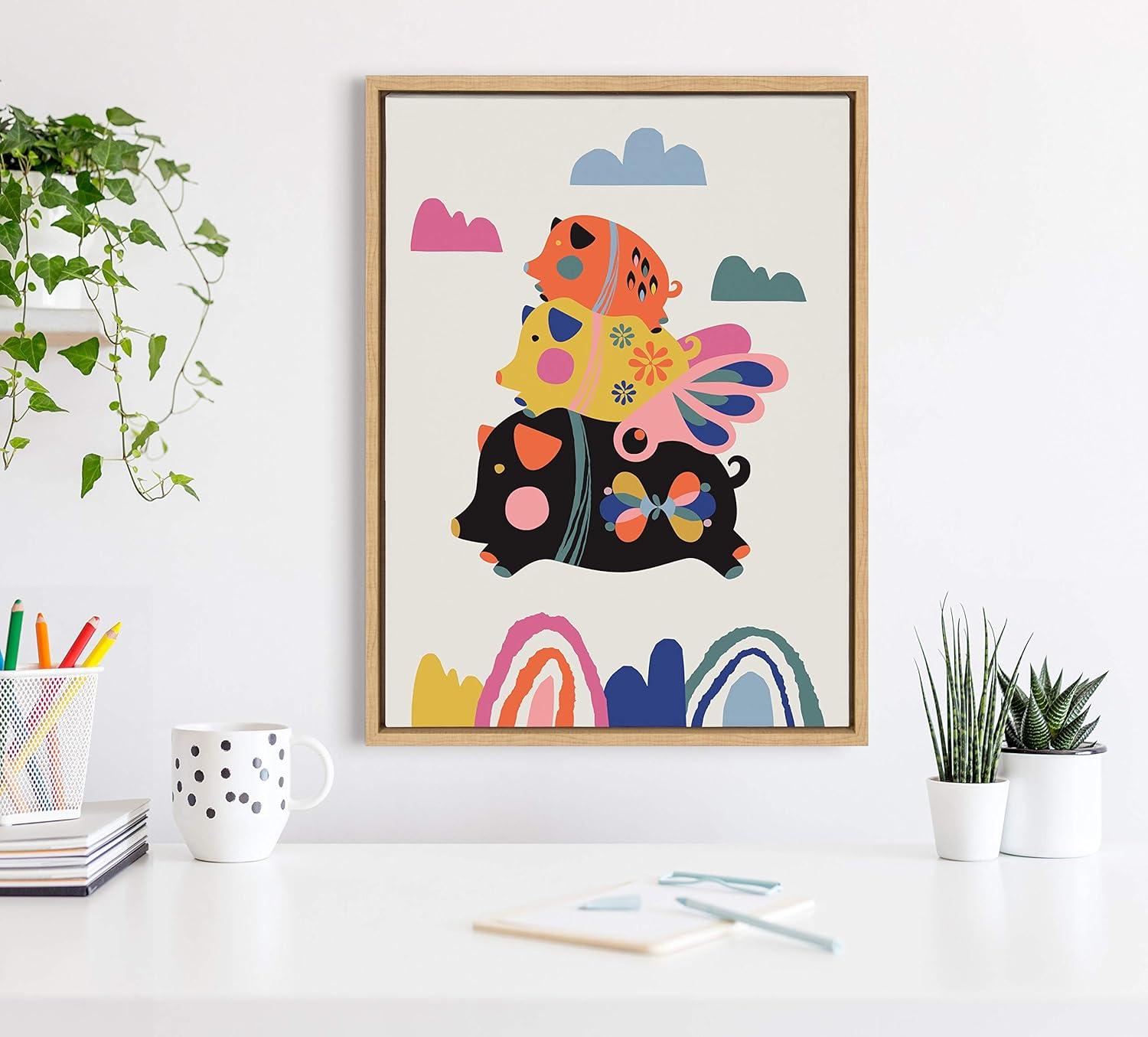 18" x 24" Sylvie Flying Pigs Framed Canvas Wall Art by Rachel Lee Natural - Kate and Laurel