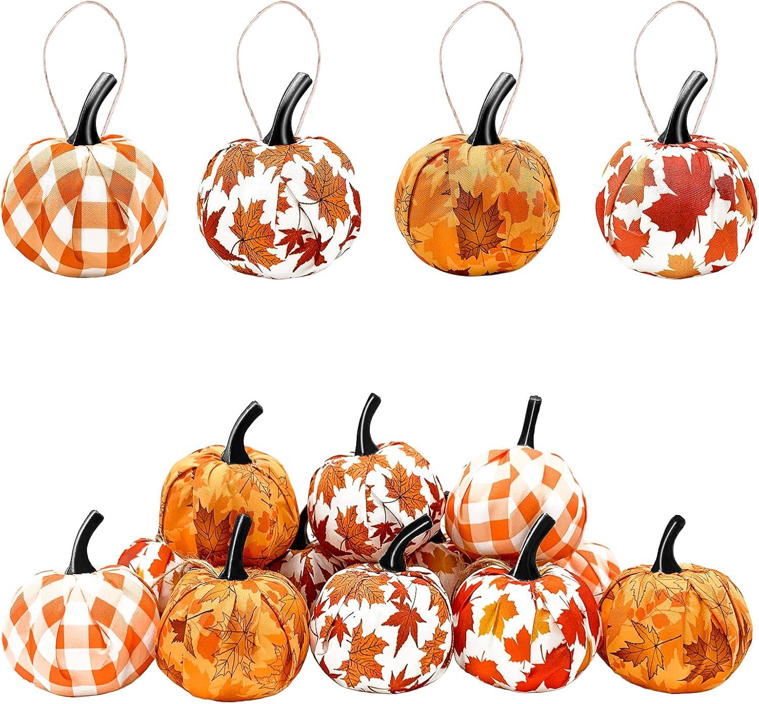 Set of 12 Orange and White Gingham Fabric Pumpkins