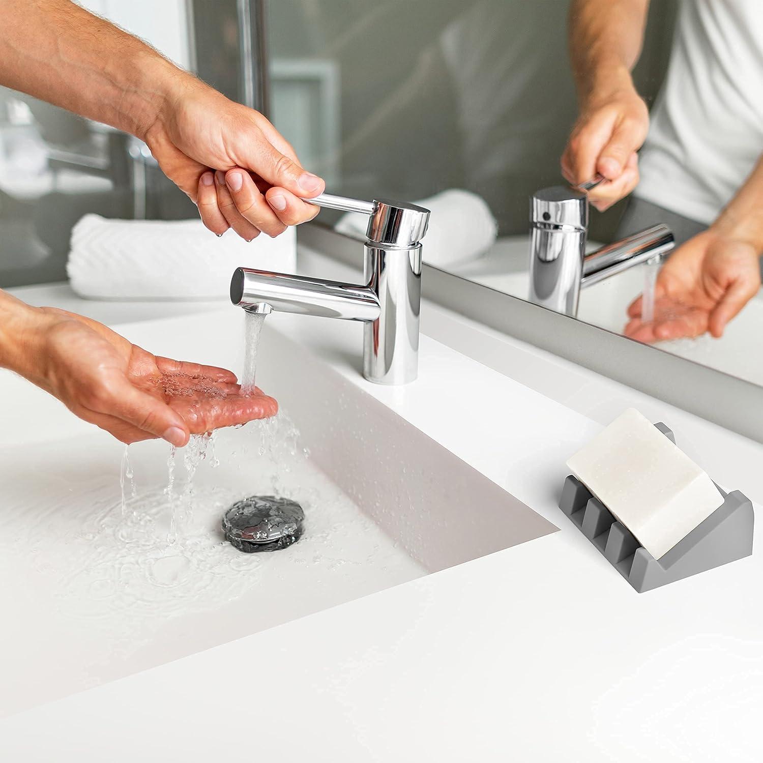 iSoapStone Premium Self-Draining Silicone Soap Dish: Waterfall Bar Holder Tray with Drain Saver, Anti-Slip Kitchen & Bathroom Accessory for Sponges and Bar Soaps - Patent-Pending Design (Light Grey)