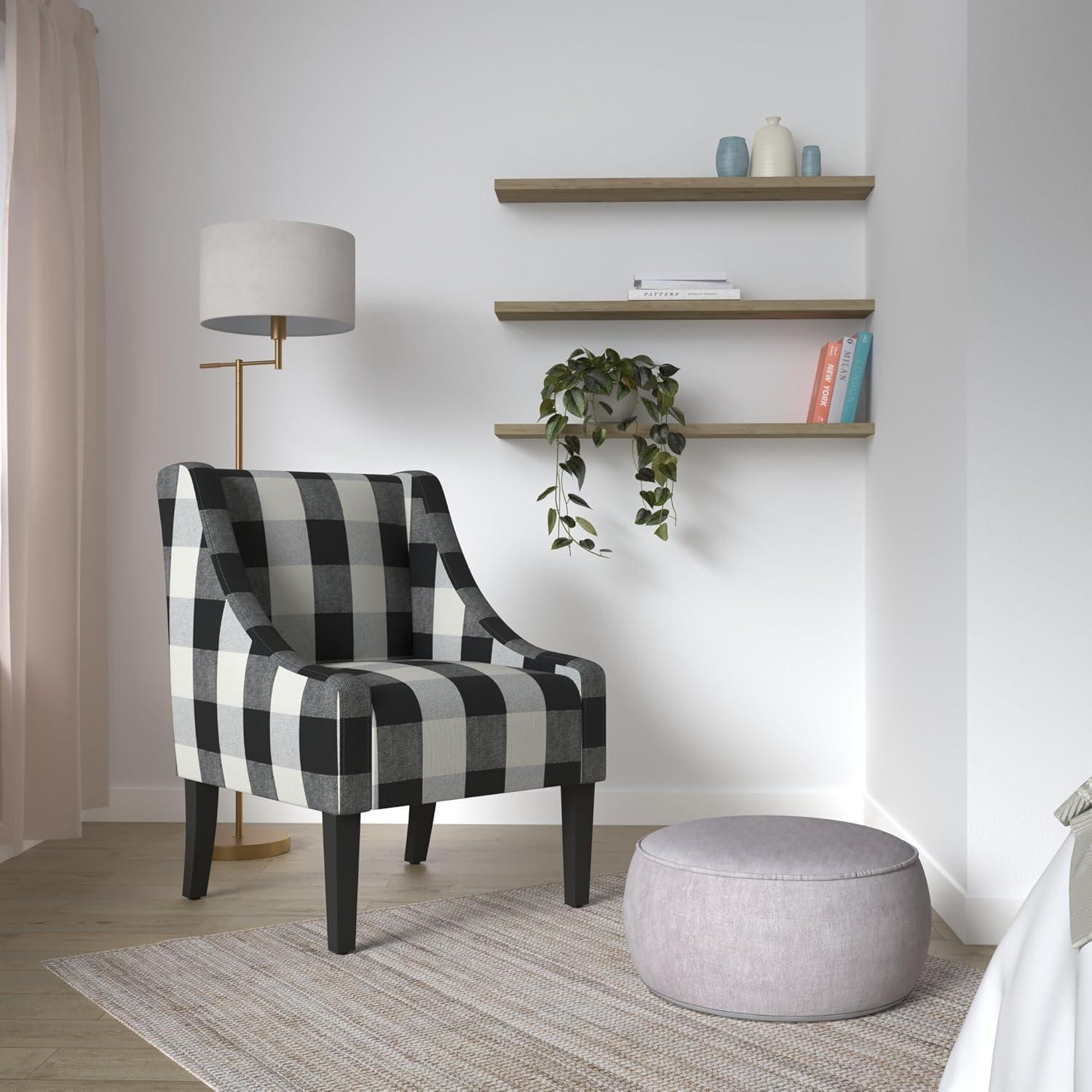 HomePop Modern Swoop Accent Armchair Black Plaid : Cotton Upholstery, Wood Legs, Foam Fill, No Assembly Required