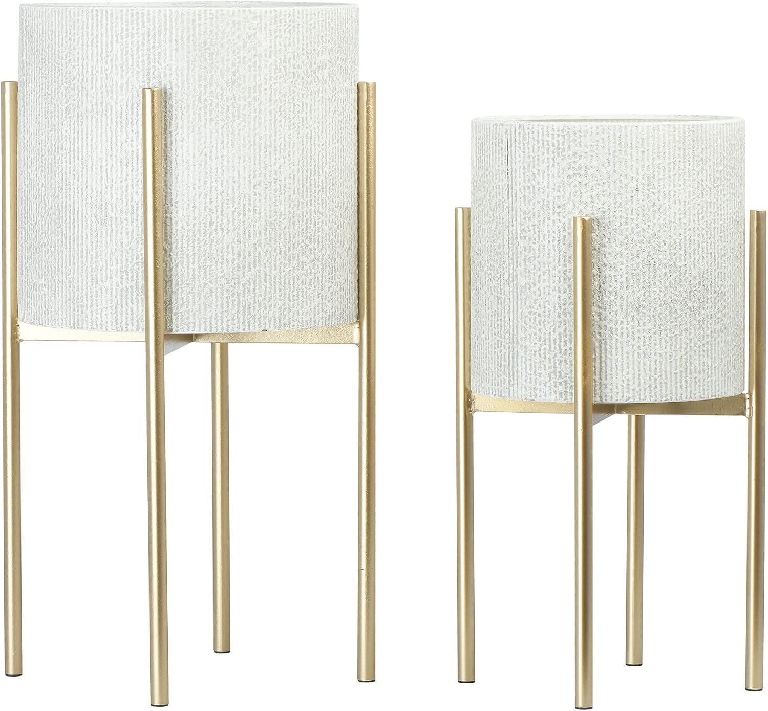 Main + Mesa Modern Boho Embossed Metal Planters with Stands, White and Gold, Set of 2 Sizes