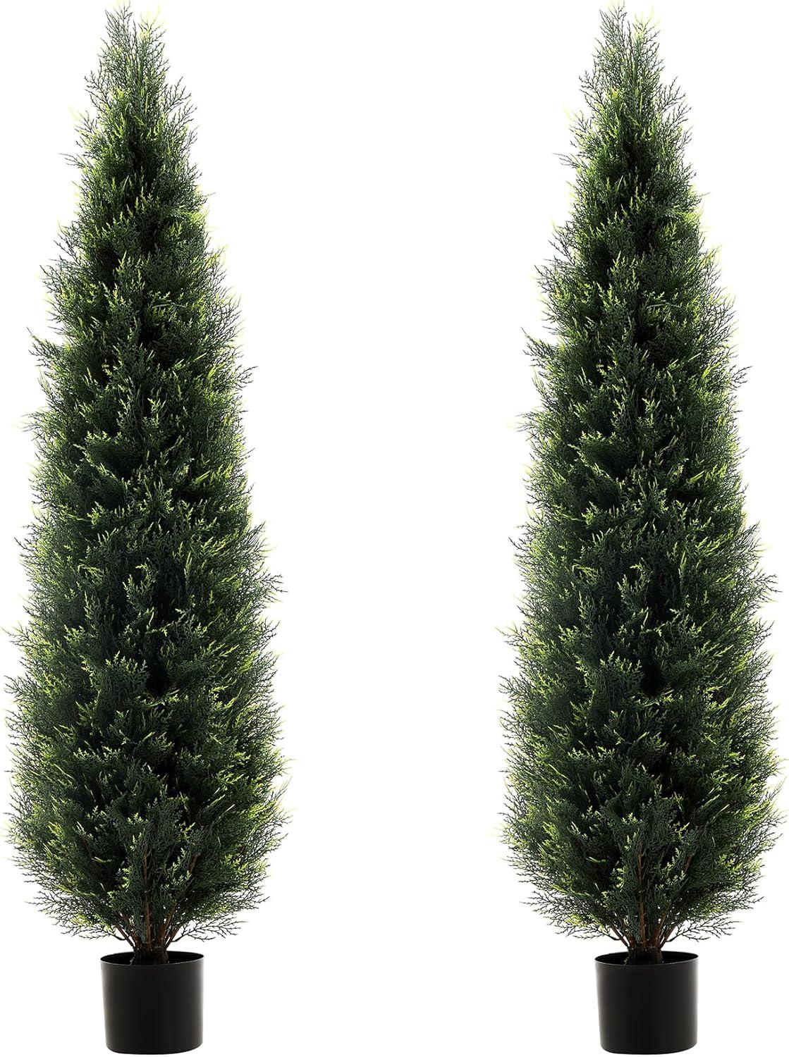 2 Pack 5 ft Artificial Cedar Tree UV Rated , Artificial Christmas Topiary Tree, Pre-Potted Plants for Indoor Outdoor Housewarming Gift Home Decor, DR.Planzen