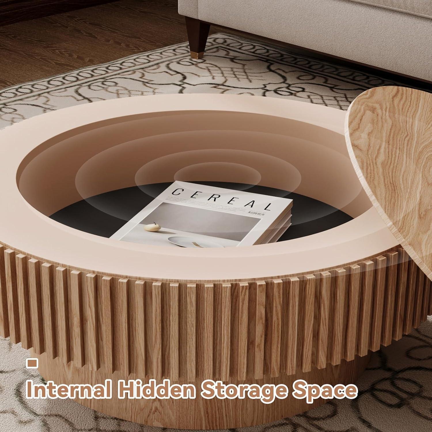 HomVent 31.5'' Round Coffee Table with Storage, Modern Wooden Coffee Table with Solid Wood Veneered, Circle Center Table Accent Tea Table for Living Room, Small Space, Apartment