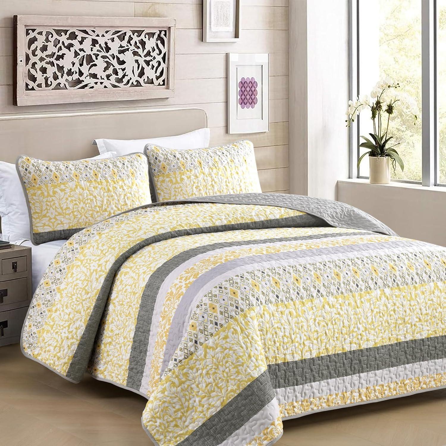 JML 3 Piece Quilt Set King Size,Lightweight Microfiber Bedspread Coverlet,Grey & Yellow Floral