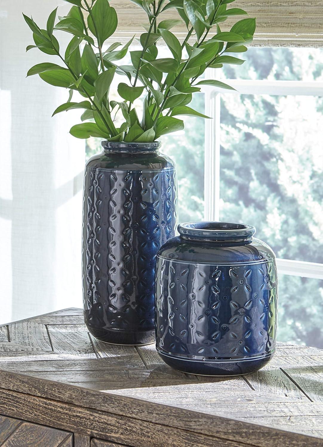 Navy Blue Ceramic Decorative Vase Set with Sand Dollar Markings