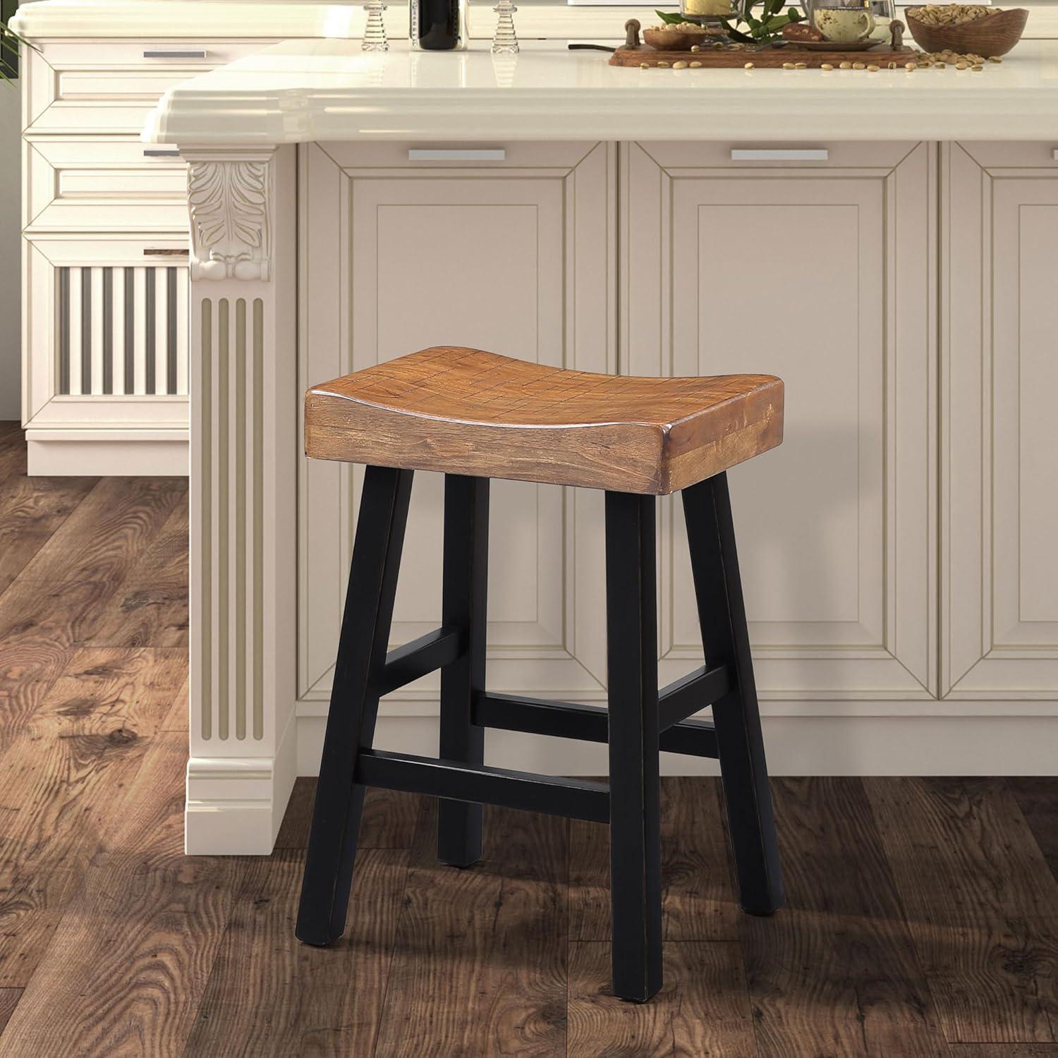 Oak and Black 24" Backless Saddle Style Bar Stool