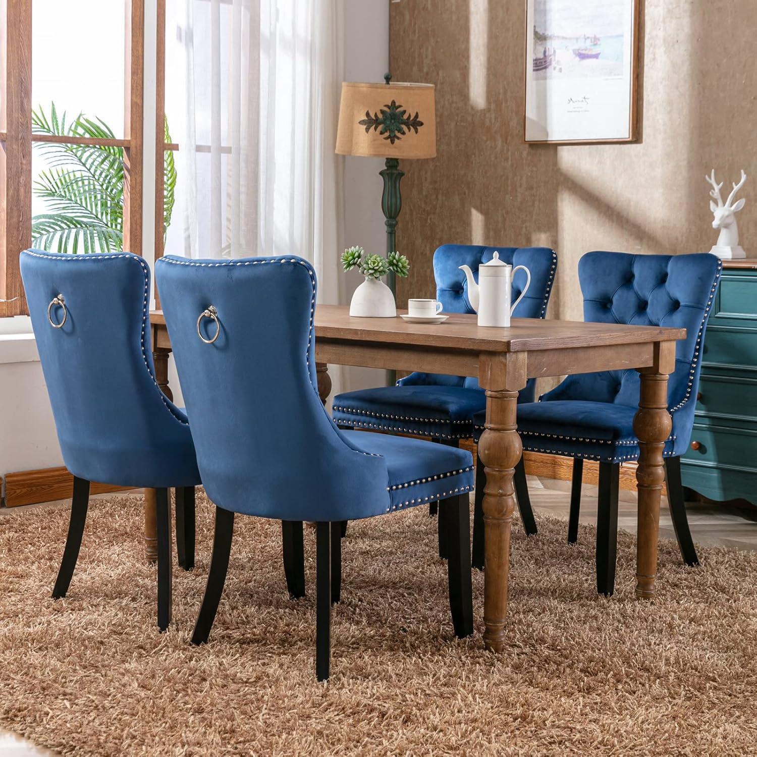 Rhomtree Glam Wood Solid Print Dining Side Chairs, Blue (Set of 6)