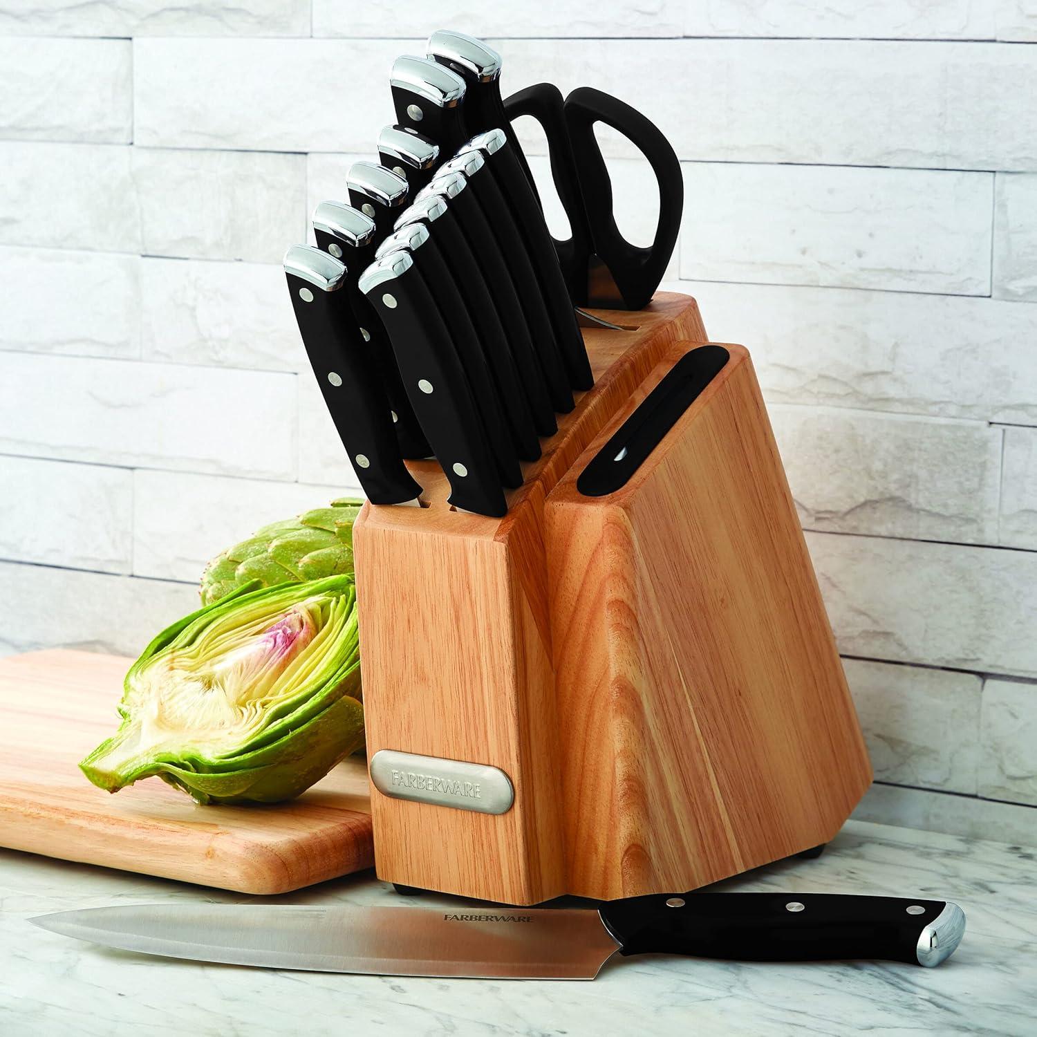 Farberware Edgekeeper Triple Riveted Slim Knife Block Set with Built in Sharpener, 14-Piece, Black