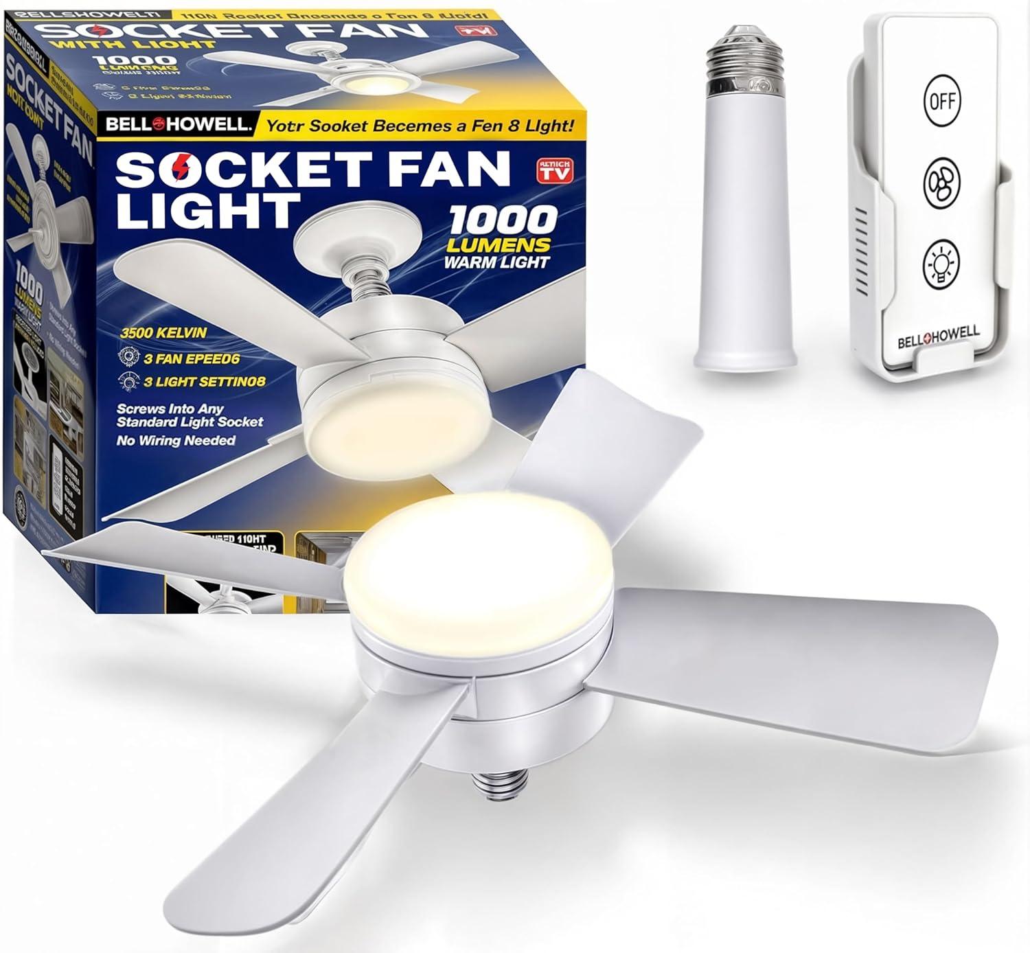 Bell + Howell Socket Fan, Ceiling Fan With 1000 Lumens Warm Light