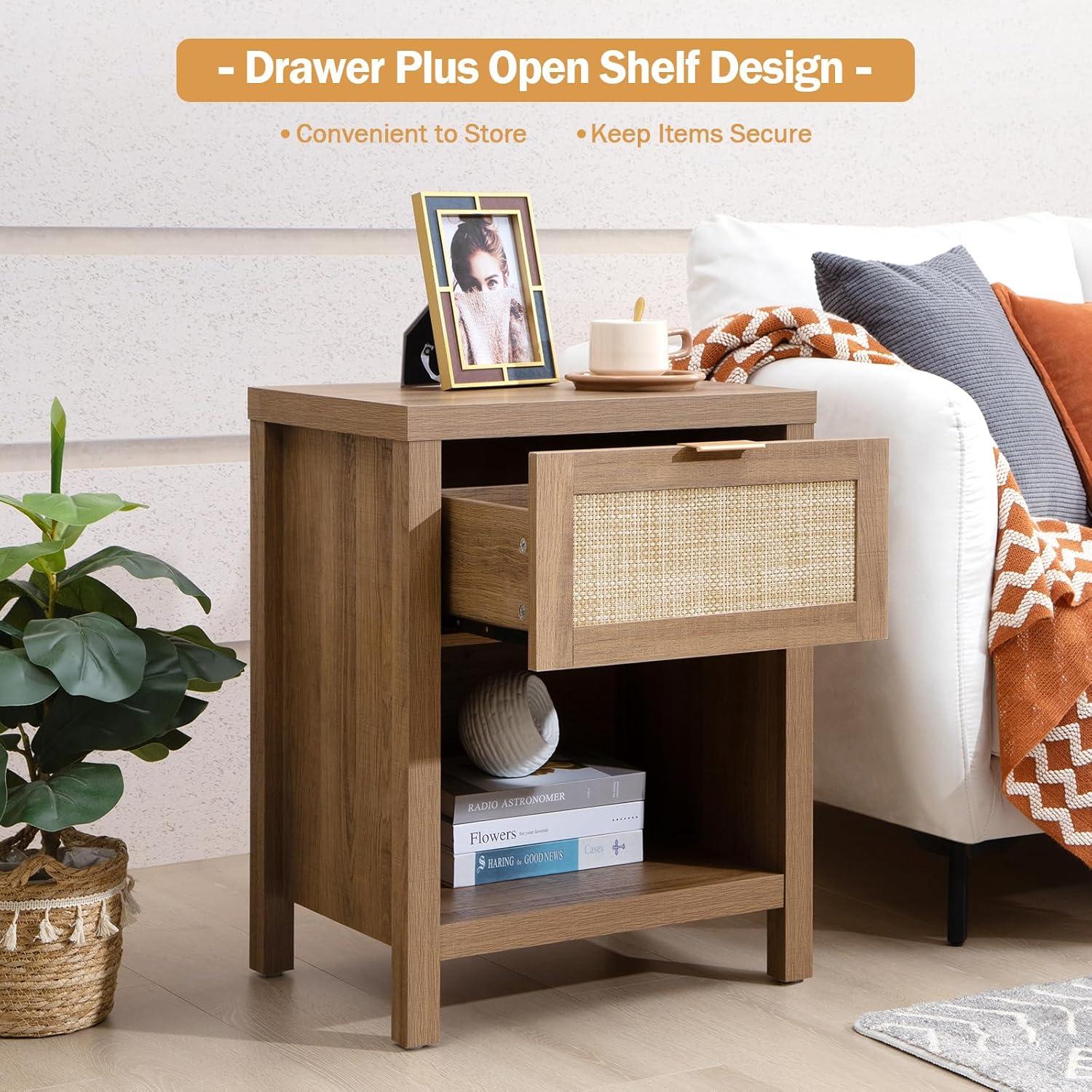 SICOTAS Rattan Nightstands Set of 2 - Farmhouse Night Stand with Drawer and Storage Shelf - Boho Bedside Table End Side Table for Bedroom, Oak