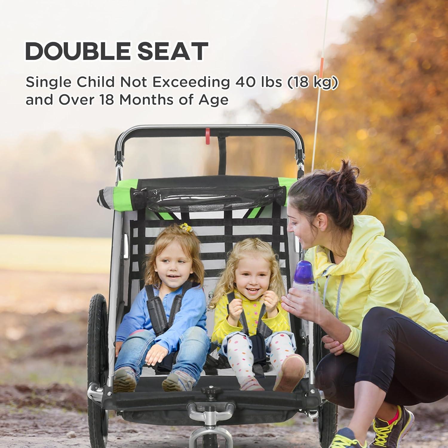 Aosom 2-in-1 Walk/Ride Child Baby Bike Trailer for Kids 2 Seater, High-Visibility Bike Stroller for Toddler Wagon, Weather-Strong Double Bicycle Trailer Accessory for Kids