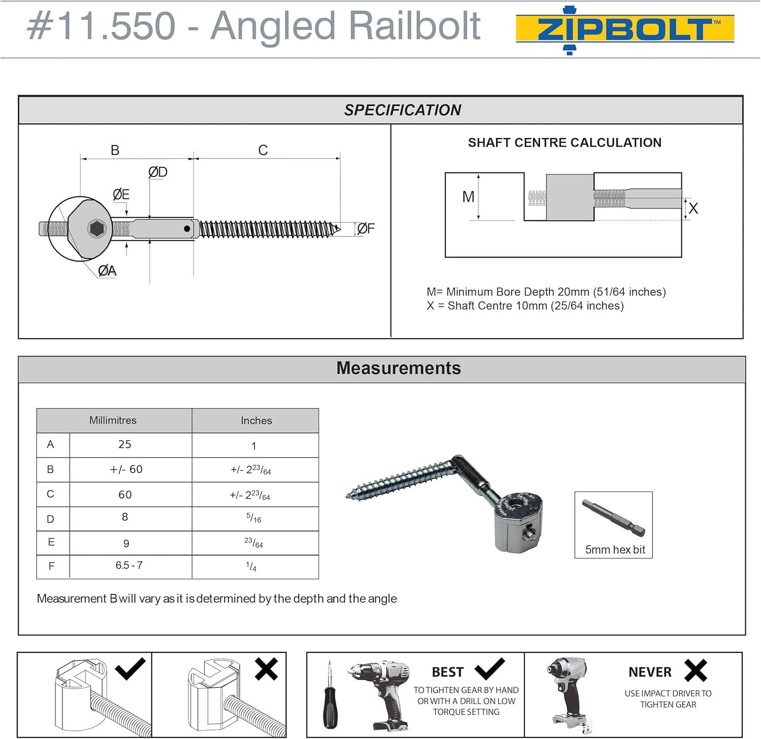 Zipbolt 11.560 Angled Railbolt — Angled Staircase Handrail to Newel Post Connector for Lower Connection, Residential and Commercial Installation, New Construction and Remodels — 1 Double Pack