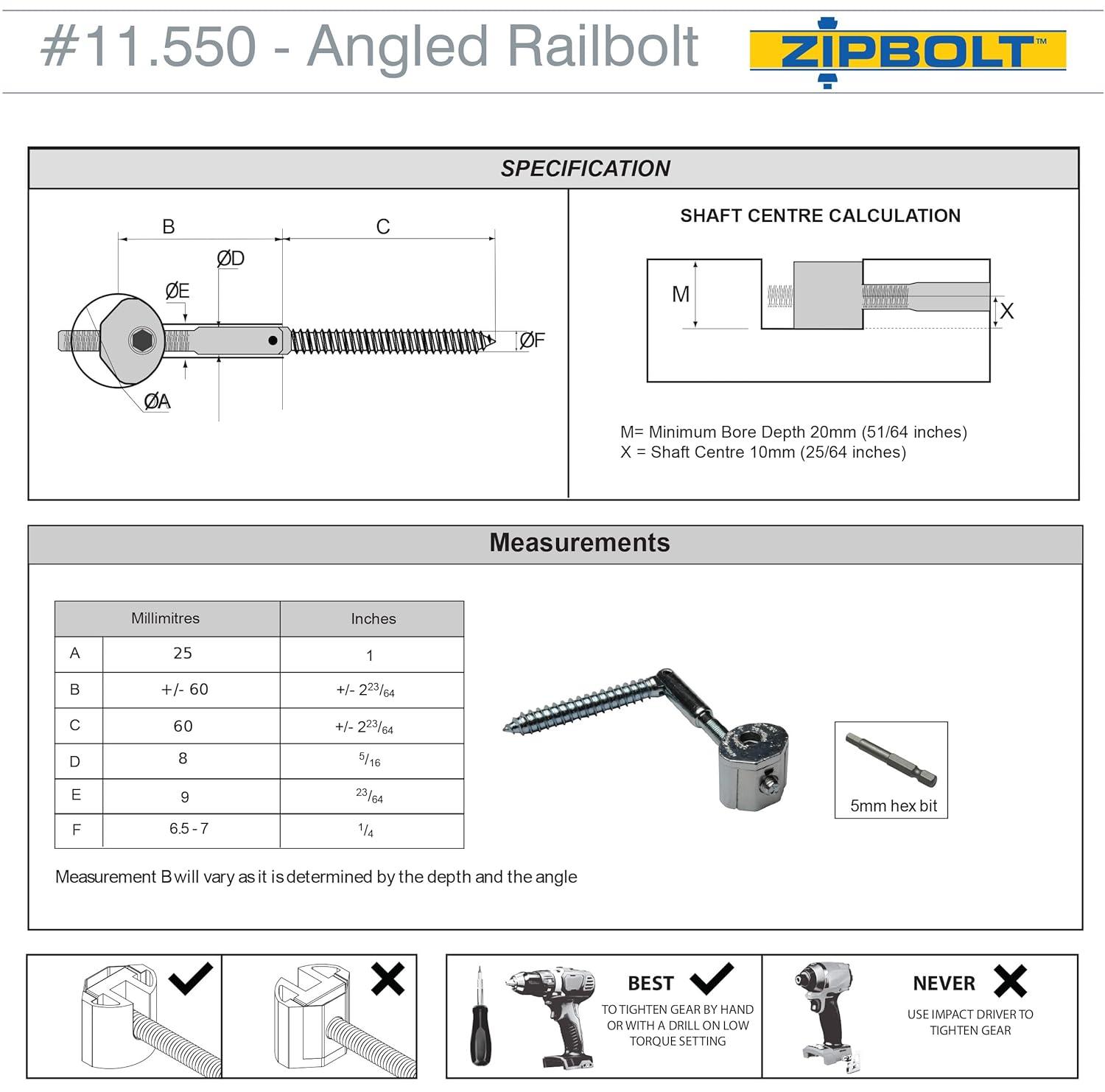 Zipbolt 11.560 Angled Railbolt — Angled Staircase Handrail to Newel Post Connector for Lower Connection, Residential and Commercial Installation, New Construction and Remodels — 1 Double Pack
