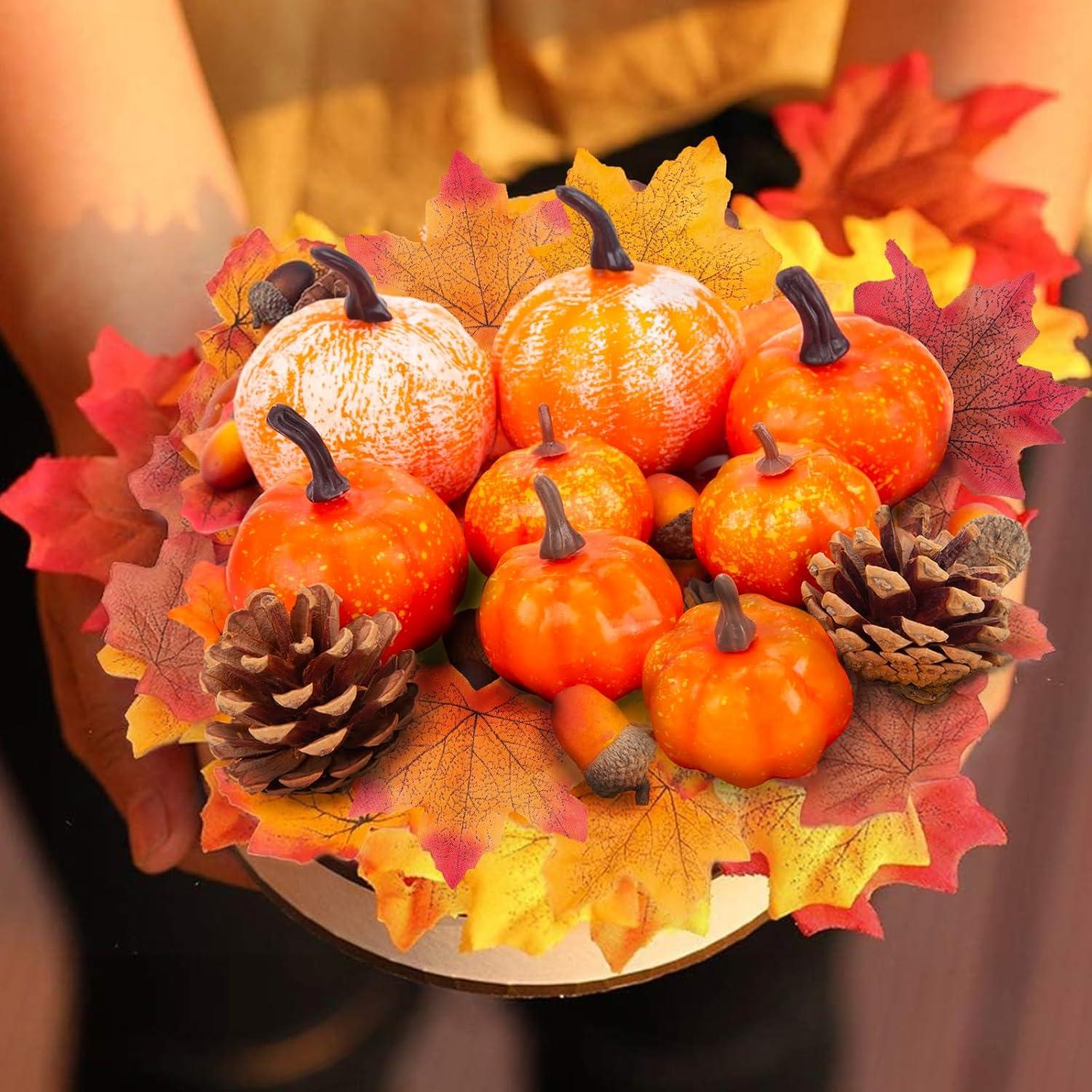 HANSGO Decorative Pumpkins, Artificial Pumpkins Fake Pumpkin Thanksgiving Decoration Pumpkins with Gourds and Maple Leaves Harvest Pumpkin Centerpiece for Table