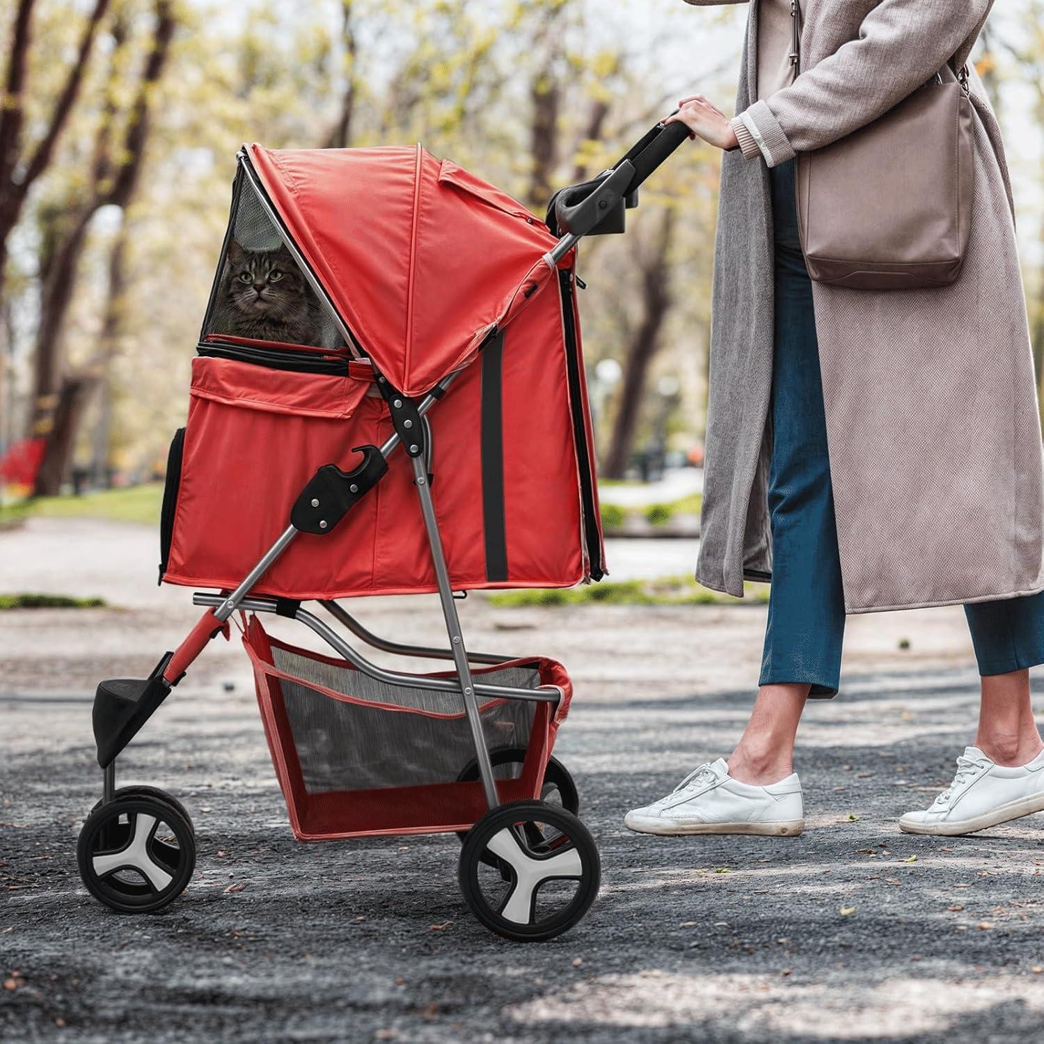 MoNiBloom 3 Wheel Folding Pet Stroller, Foldable Dog Jogger Stroller with Storage Basket, Cup Holder & Canopy