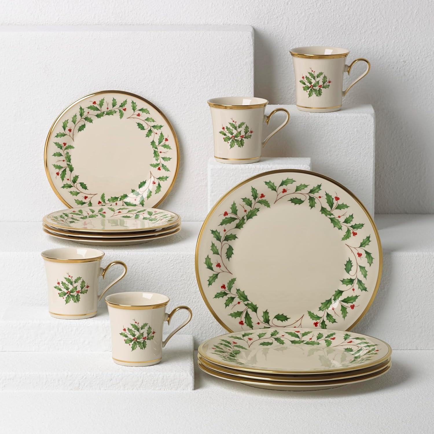 Lenox Holiday 12-Piece Holly & Berry Plate & Mug Set, Porcelain, Service for 4