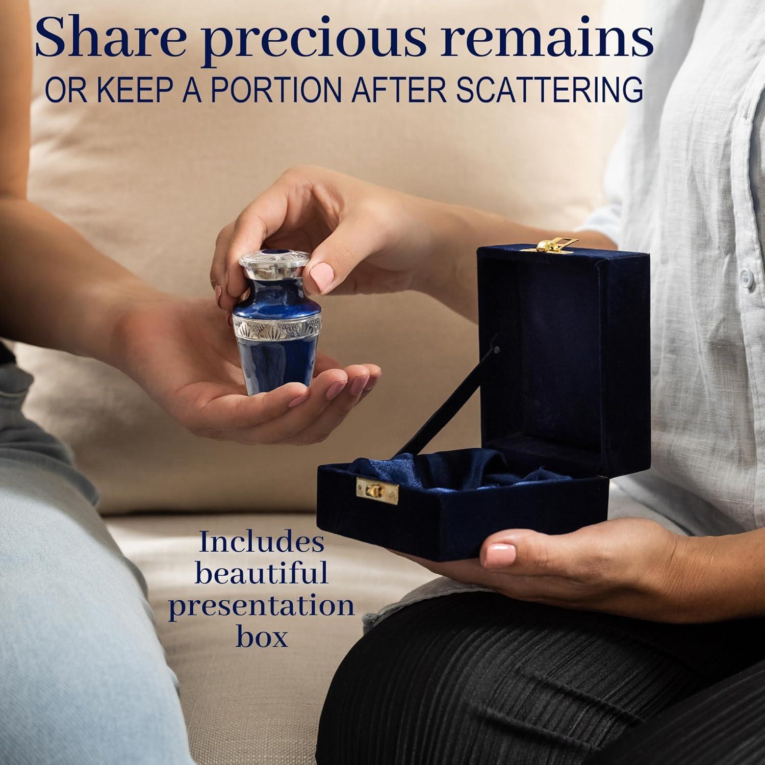 FOVERE – Mini Keepsake Urn for Human Ashes - Small Blue Cremation Urns with Elegant Silver Engraving – Holds a Small Portion of Ashes – 100% Handcrafted Decorative Urns for Human Ashes – Navy Blue