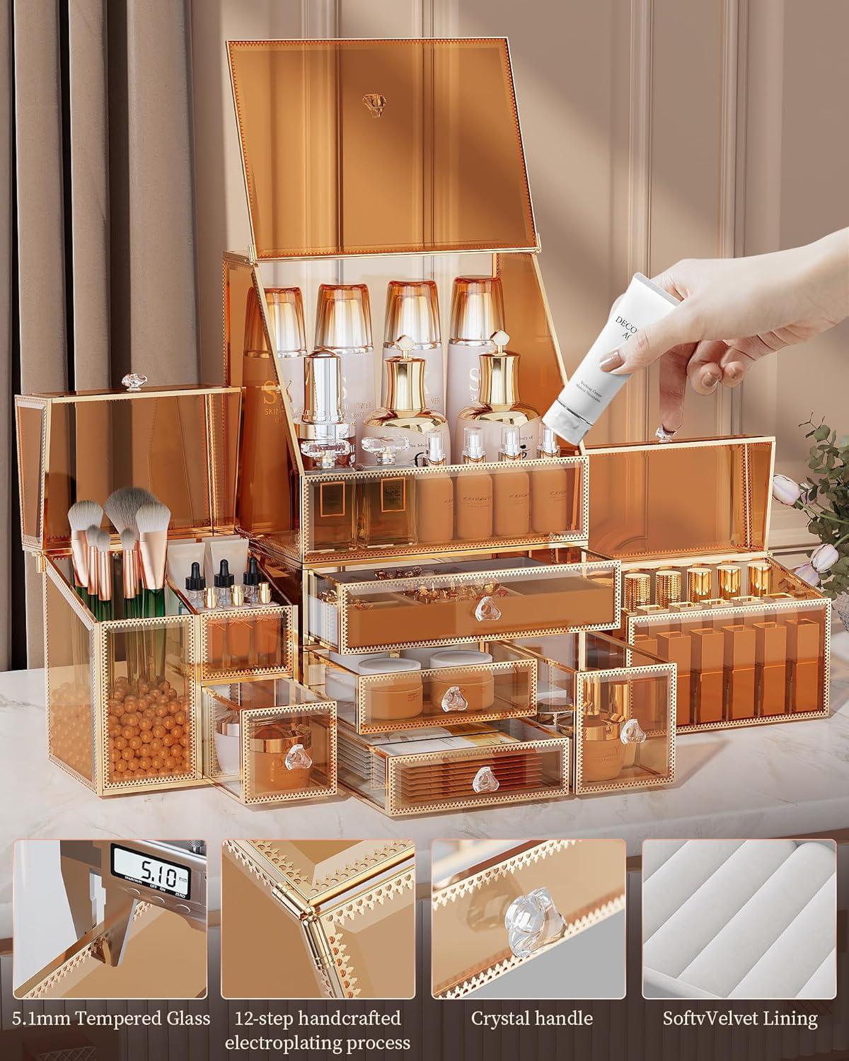 Extra Large Makeup Organizer, Glass Cosmetic Storage with Drawers, Stackable Makeup and Jewelry Organizer for Vanity Table, Bathroom Countertop, Skincare, Lipsticks, Perfume, Brushes