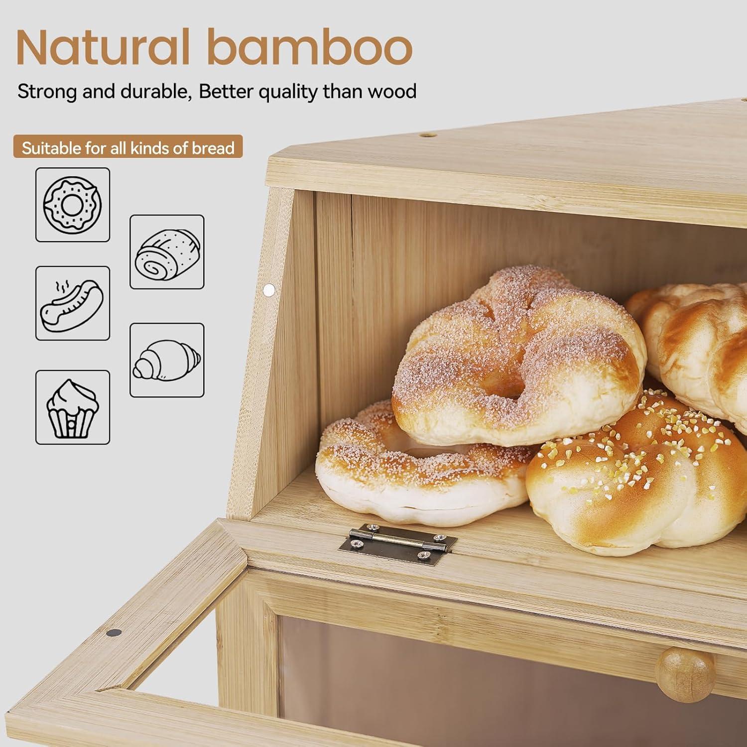 Bamboo Bread Container for Countertop, Double Layer Bread Storage with Acrylic Door Panel, Wooden Large Capacity Storage Bins for Kitchen Pantry Cupboard(Black)