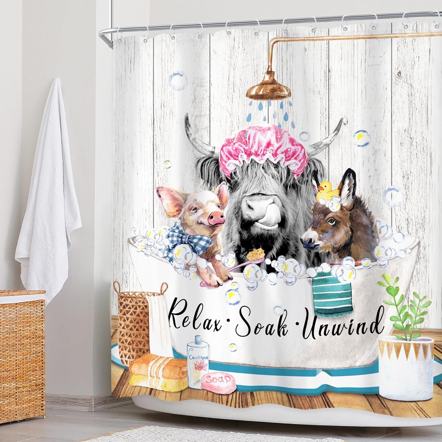 Funny Highland Cow Shower Curtain 60Wx72H Inch Bull Western Cattle Donkey Pig in Bathtub Rustic Shower Curtain Bathroom Set Farmhouse Animal Waterproof Bath Decoration Accessories Home Decor