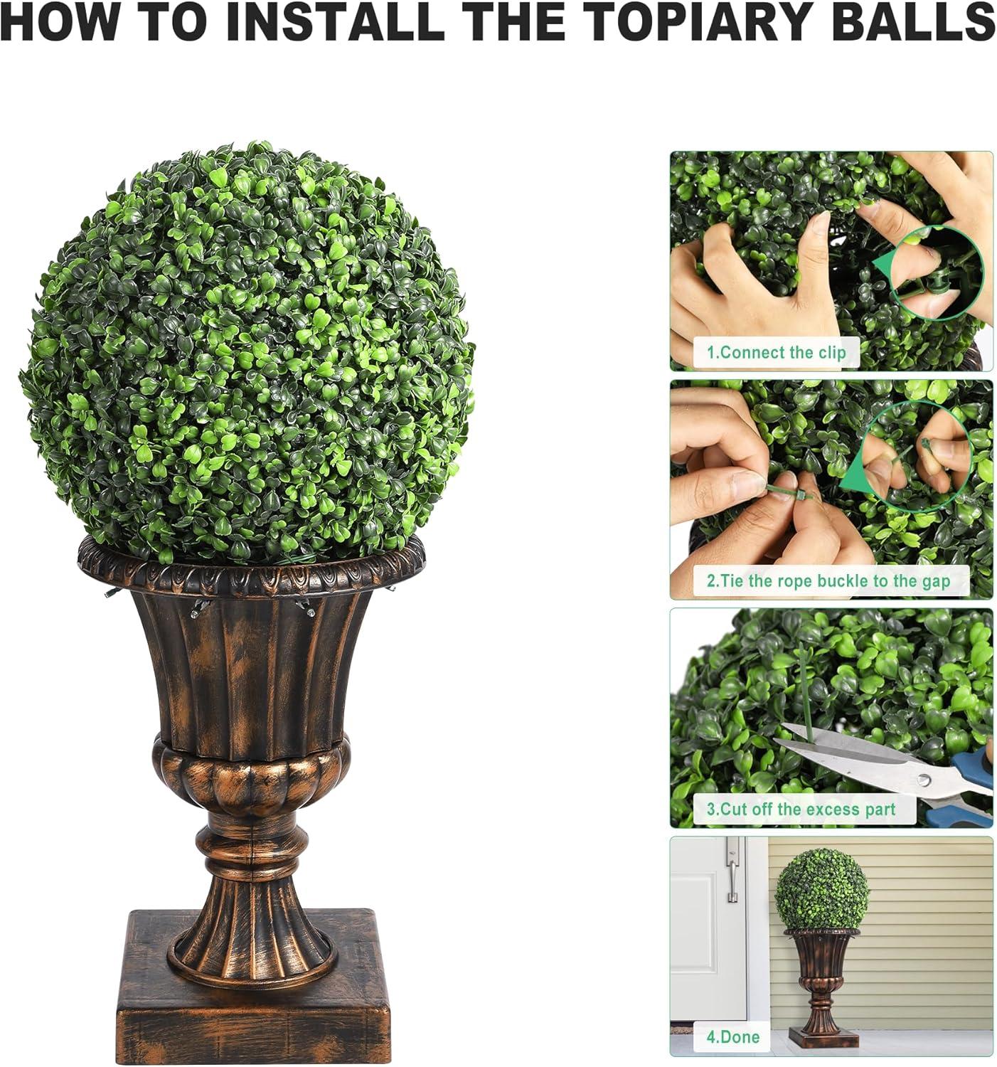 Yuan Home 2Pcs 12” Artificial Plant Topiary Ball With Pot, Faux Boxwood Balls With LED