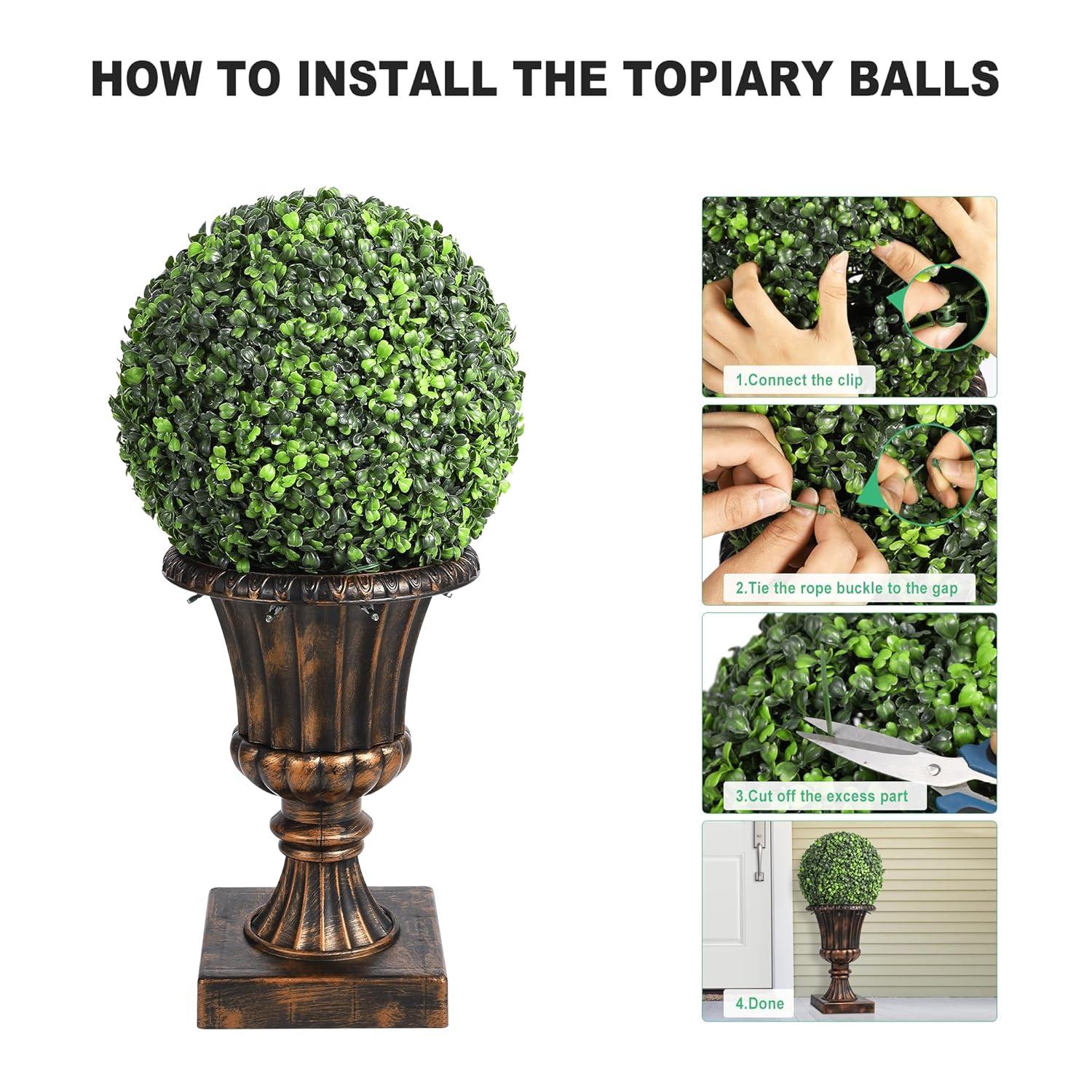 Yuan Home 2Pcs 12” Artificial Plant Topiary Ball With Pot, Faux Boxwood Balls With LED