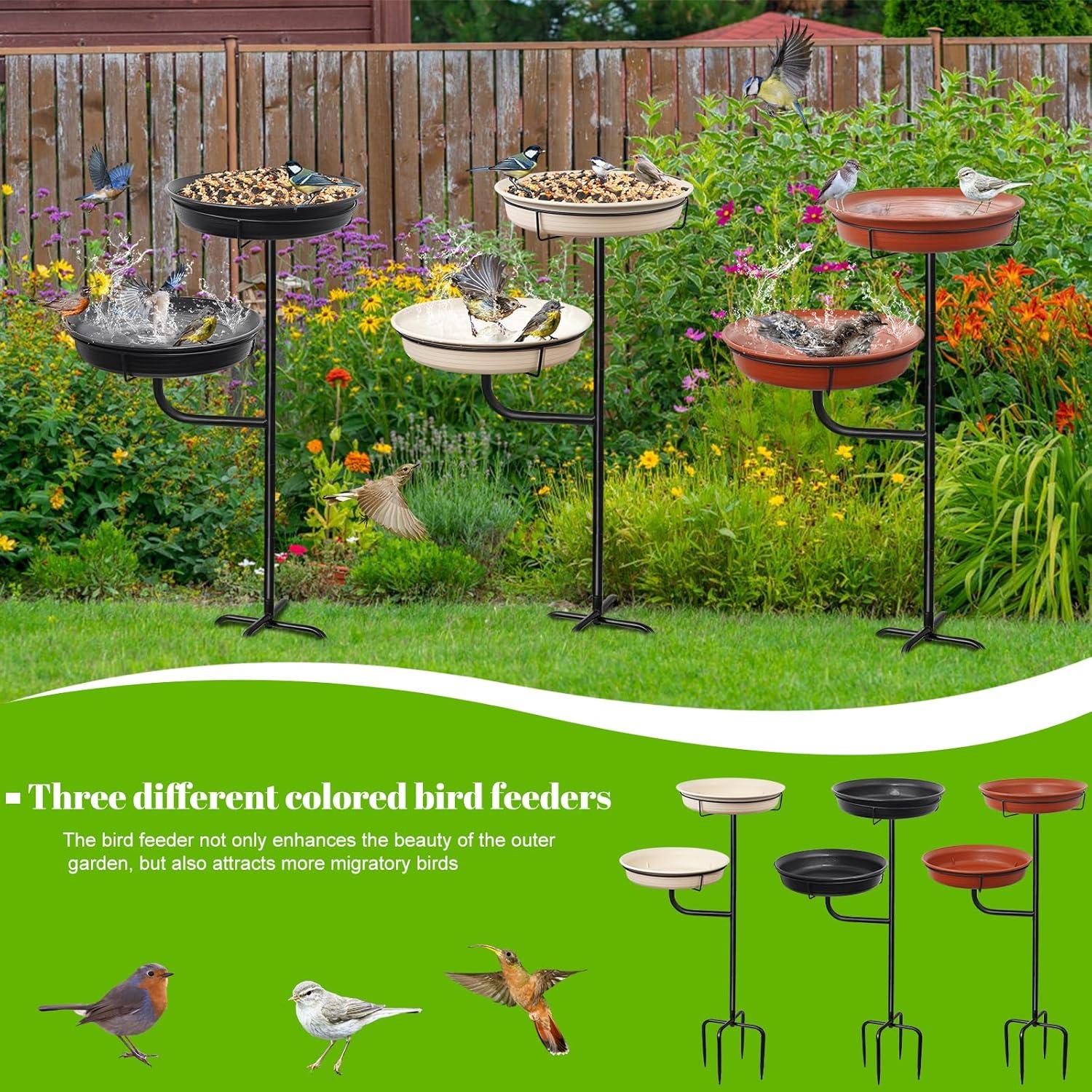 Freestanding Birdbaths Bowl Outdoor, Free Standing Garden Bird Bath Bird Feeder Bowl with Metal Stake, Detachable Decoration Spa Birdfeeder for Garden Patio Yard Lawn, 4 Spiky Feet (Brown)
