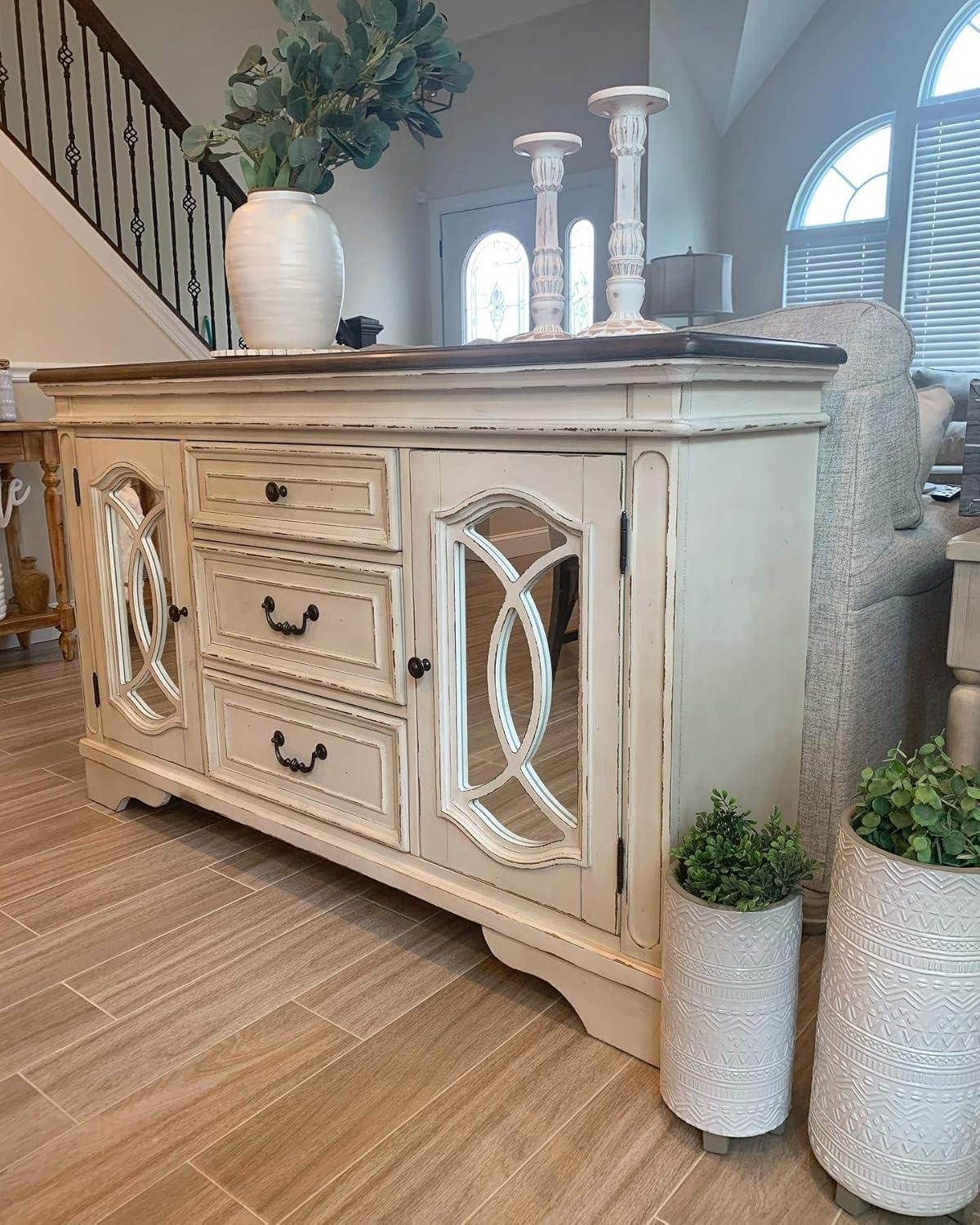 Chipped White and Distressed Wood Mirrored 59'' Rustic Sideboard