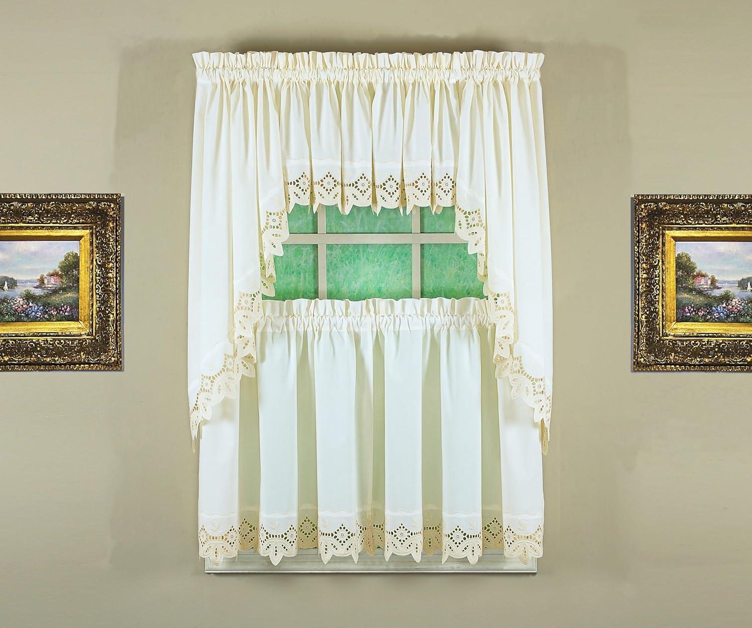 Ecru Cotton Polyester Sheer Lace Detail Tier Curtains