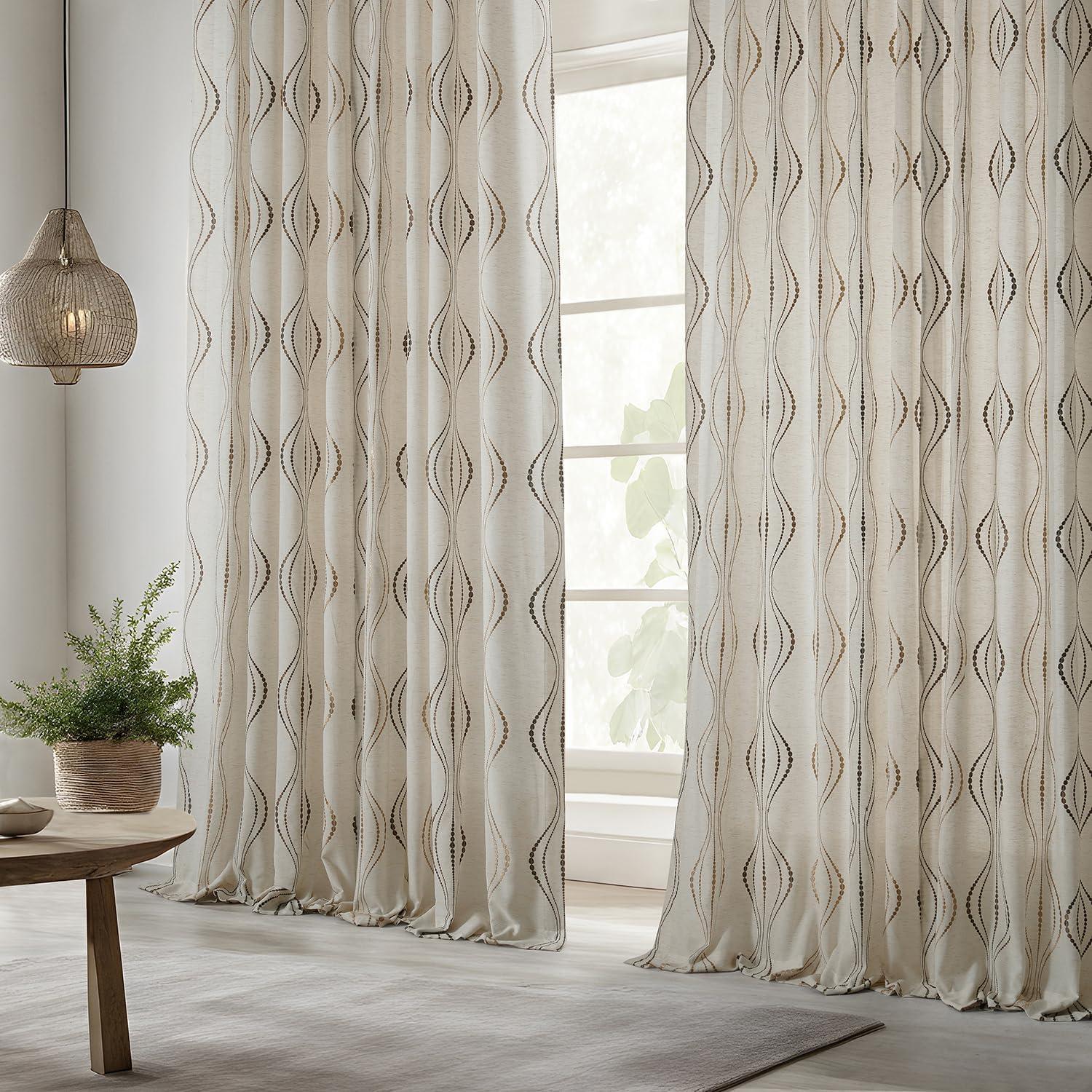 Suez Bronze Embroidered Faux Linen Sheer Curtain (1 Panel), Suez Bronze, 50W X 96L