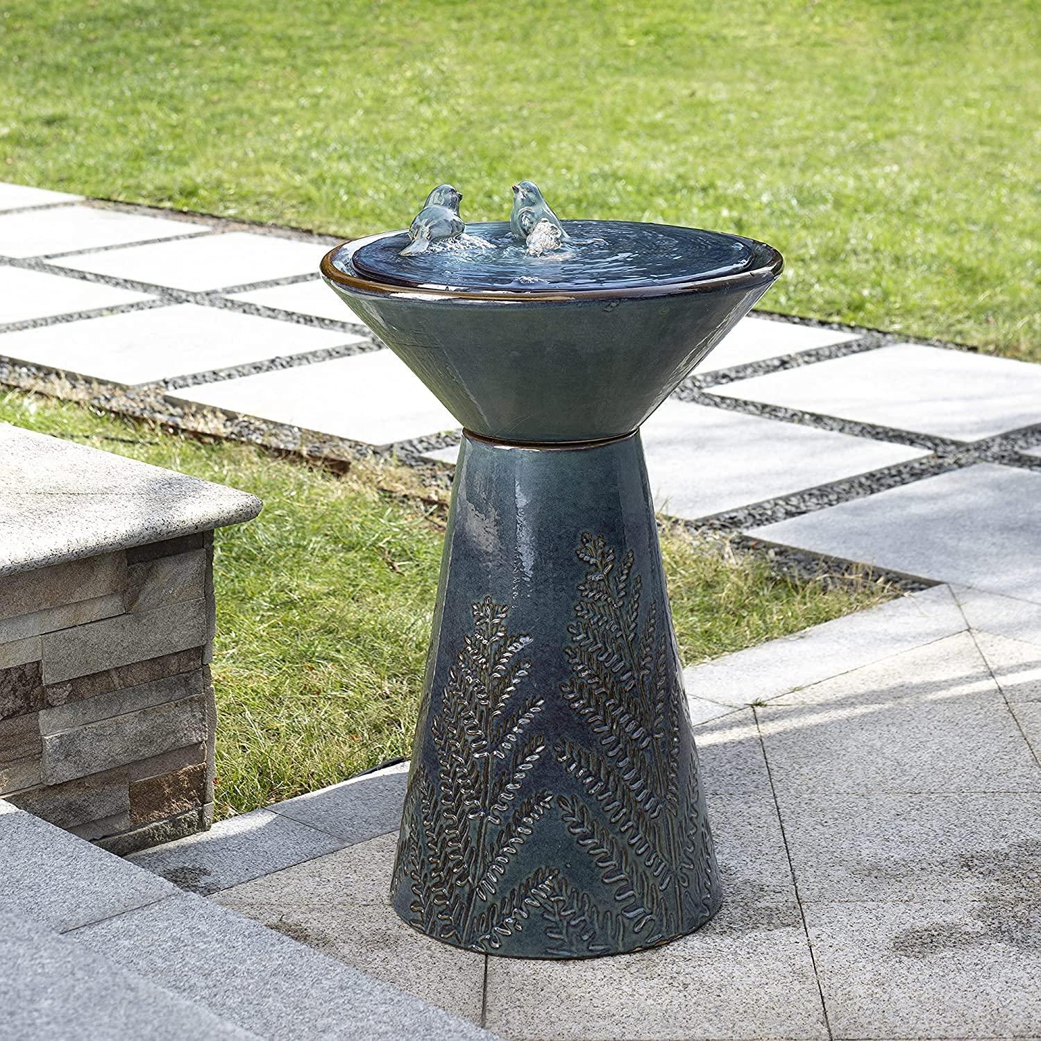 Glitzhome 27.5" Fountain with Pump and LED Light Embossed Pedestal Ceramic Bird Bath, Turquoise