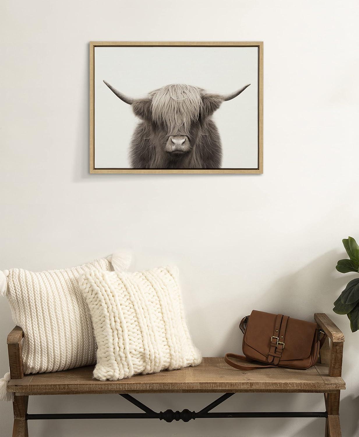 Kate and Laurel Sylvie Hey Dude Highland Cow Color Framed Canvas by The Creative Bunch Studio, 18x24, Natural