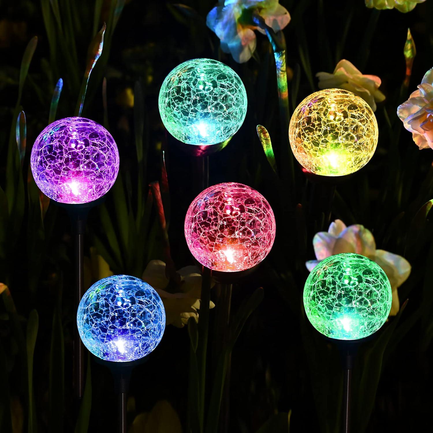 Solar Powered Colorful LED Glass Ball Pathway Lights, 6 Pack