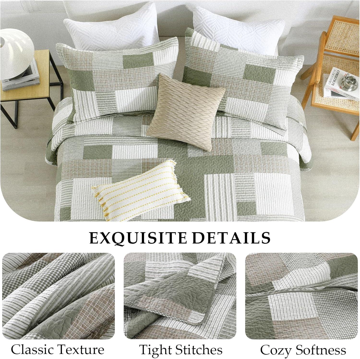 Y-PLWOMEN 100% Cotton Quilt King Size - Plaid Quilt Farmhouse Lightweight Quilted Bedspread, King Comforter Set, Soft Bed Spread for King Bed with Pillow Shams
