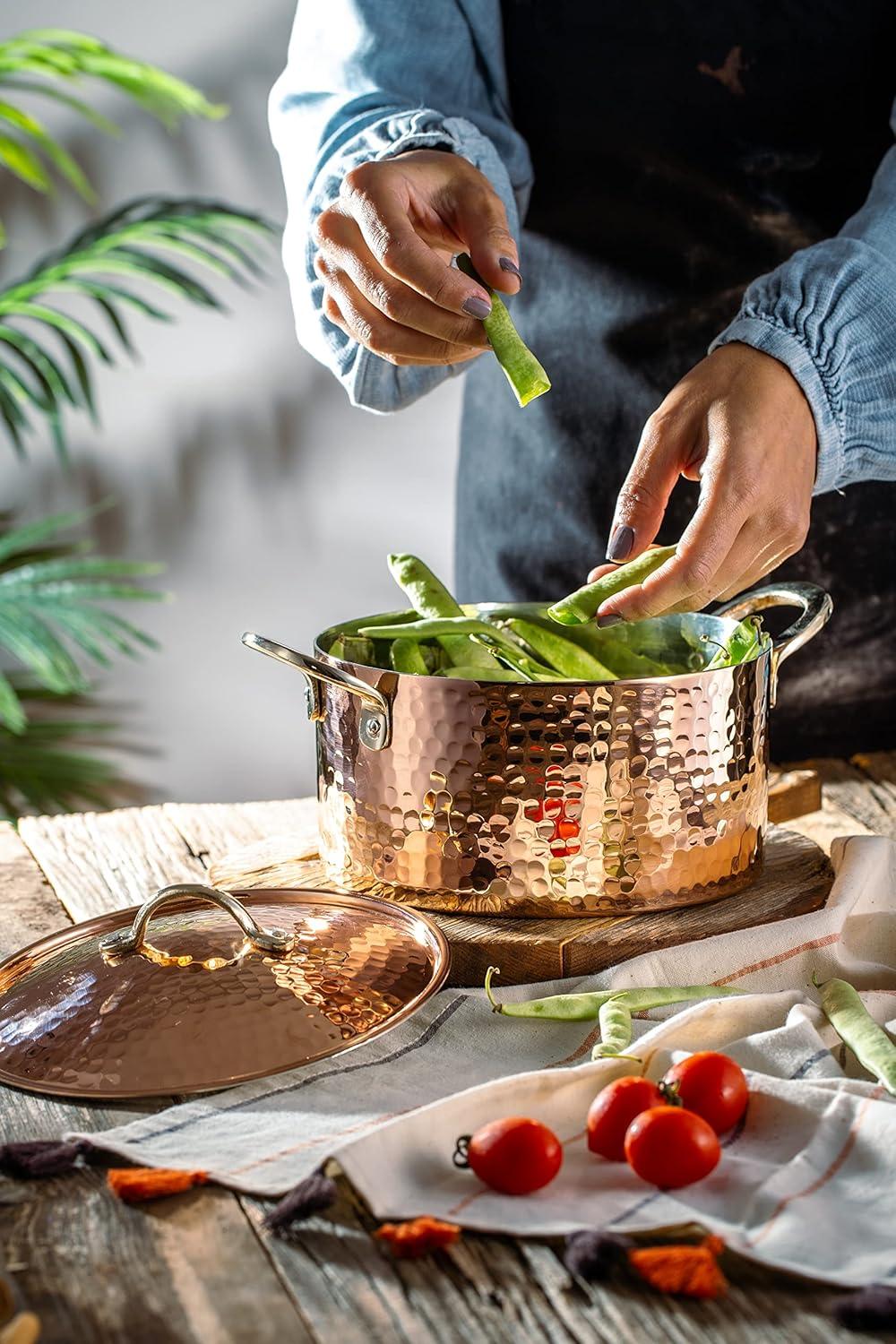 DEMMEX 1.2MM Thick Hammered Copper Soup Pot Casserole Pan Dish Dutch Oven, 4 Quarts (9" x 4")