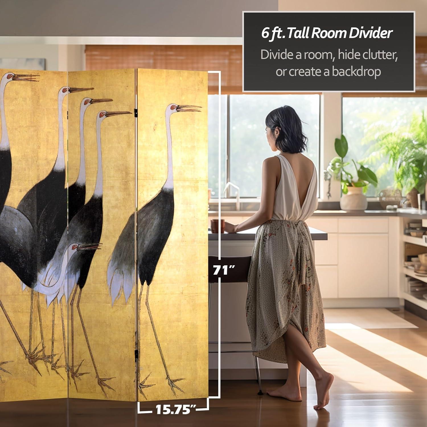 6" Double Sided Cranes Room Divider Beige - Oriental Furniture: Japanese Art, Privacy Screen