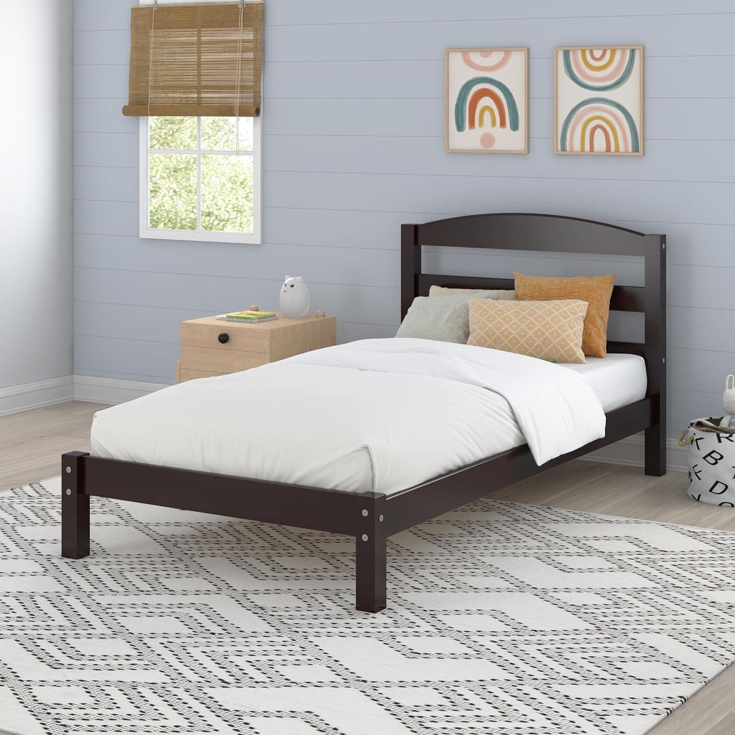 Espresso Pine Twin Platform Bed with Upholstered Headboard