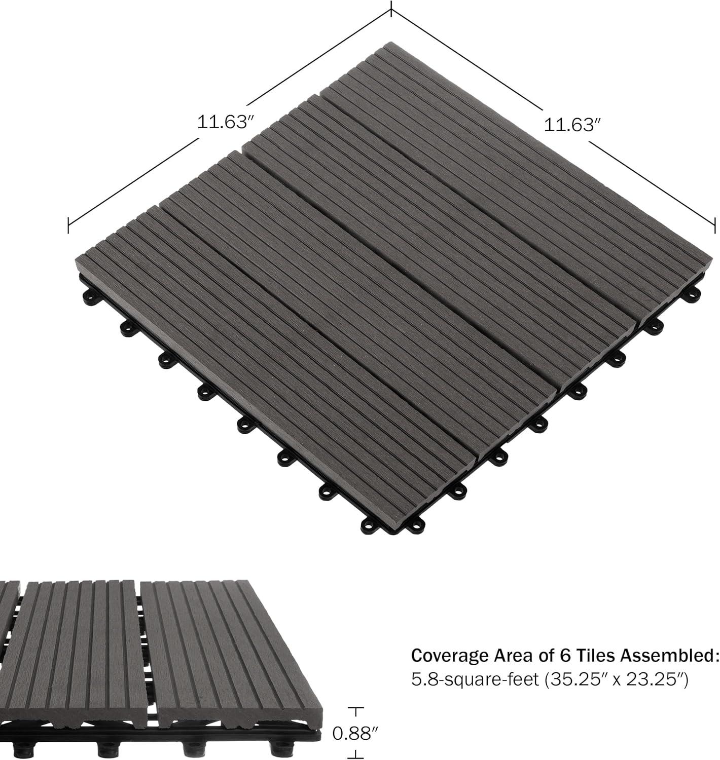 Deck Tiles - 6-Pack Wood Plastic Composite Interlocking Patio Tiles - 5.8SQFT Outdoor Flooring for Balcony, Porch, and Garage by Pure Garden