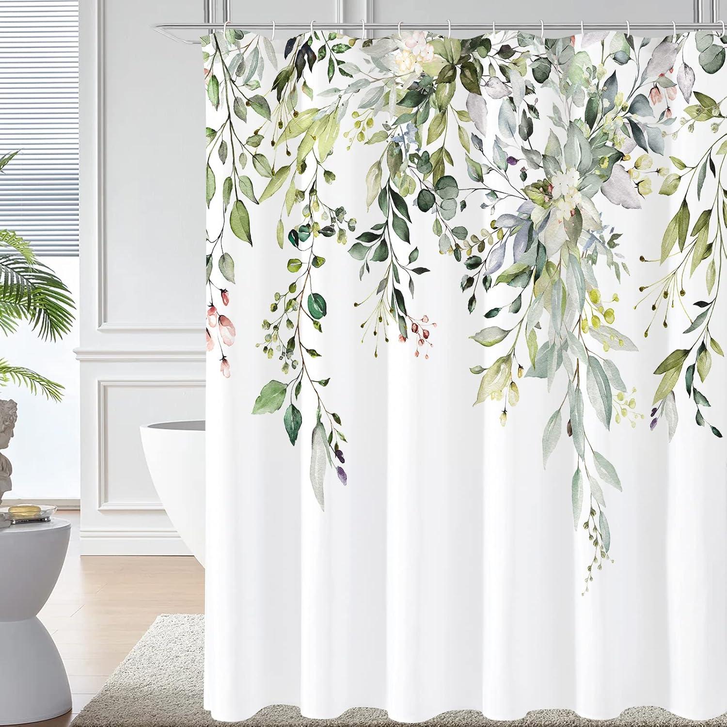 Eucalyptus Watercolor Leaves Semi-Sheer Waterproof Shower Curtain