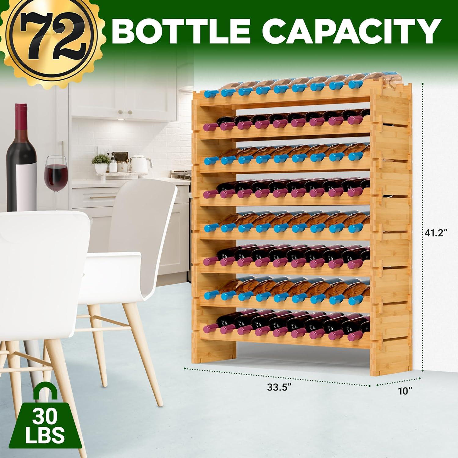 SereneLife 72 Bottle Stackable Bottle Rack, Brown