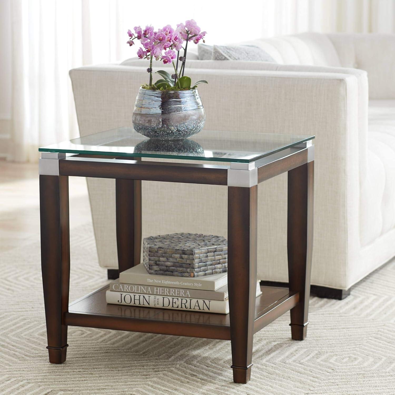 Barrett Rustic Oak Wood and Glass Accent Side Table with Shelf