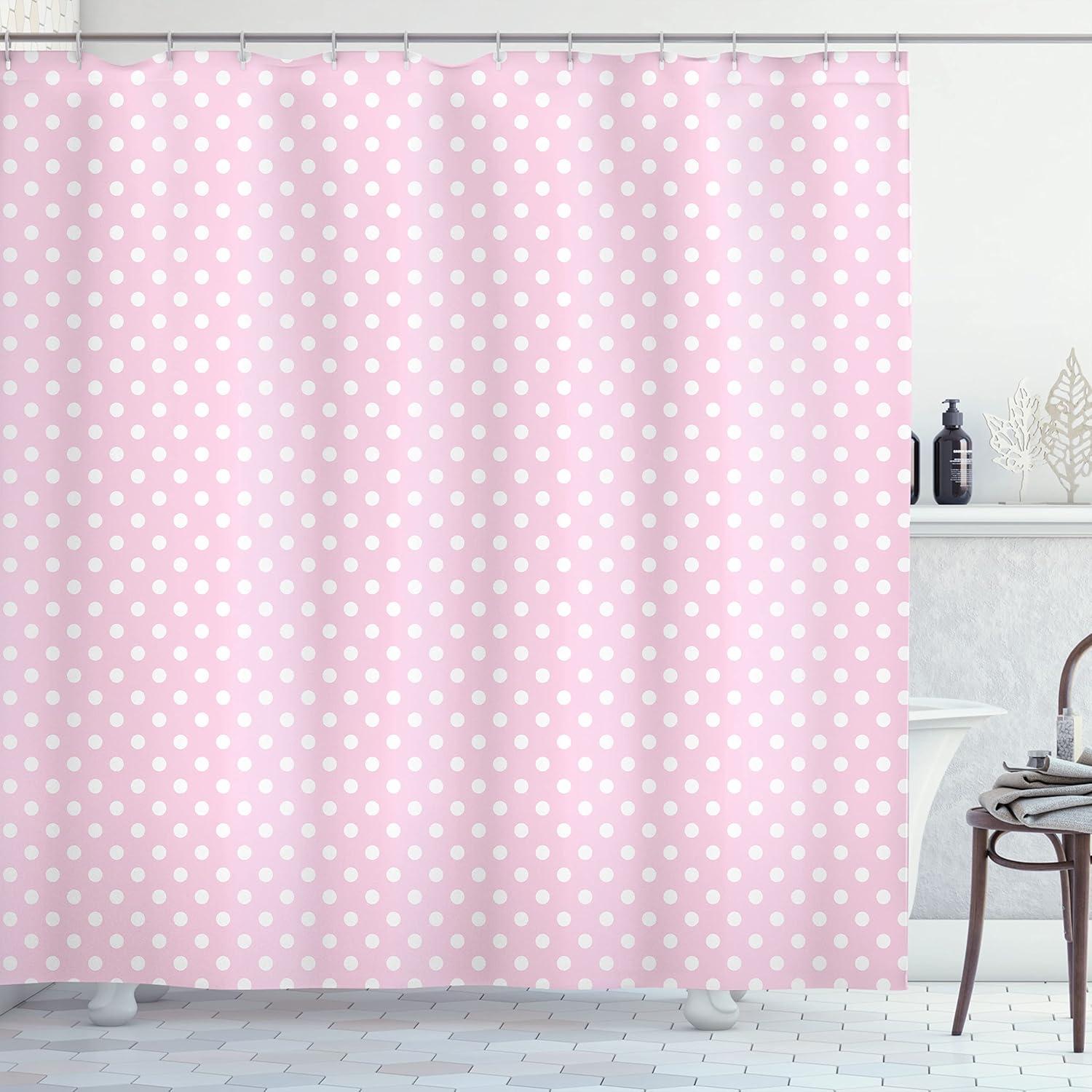 Pink and White Polka Dot Fabric Shower Curtain with Hooks