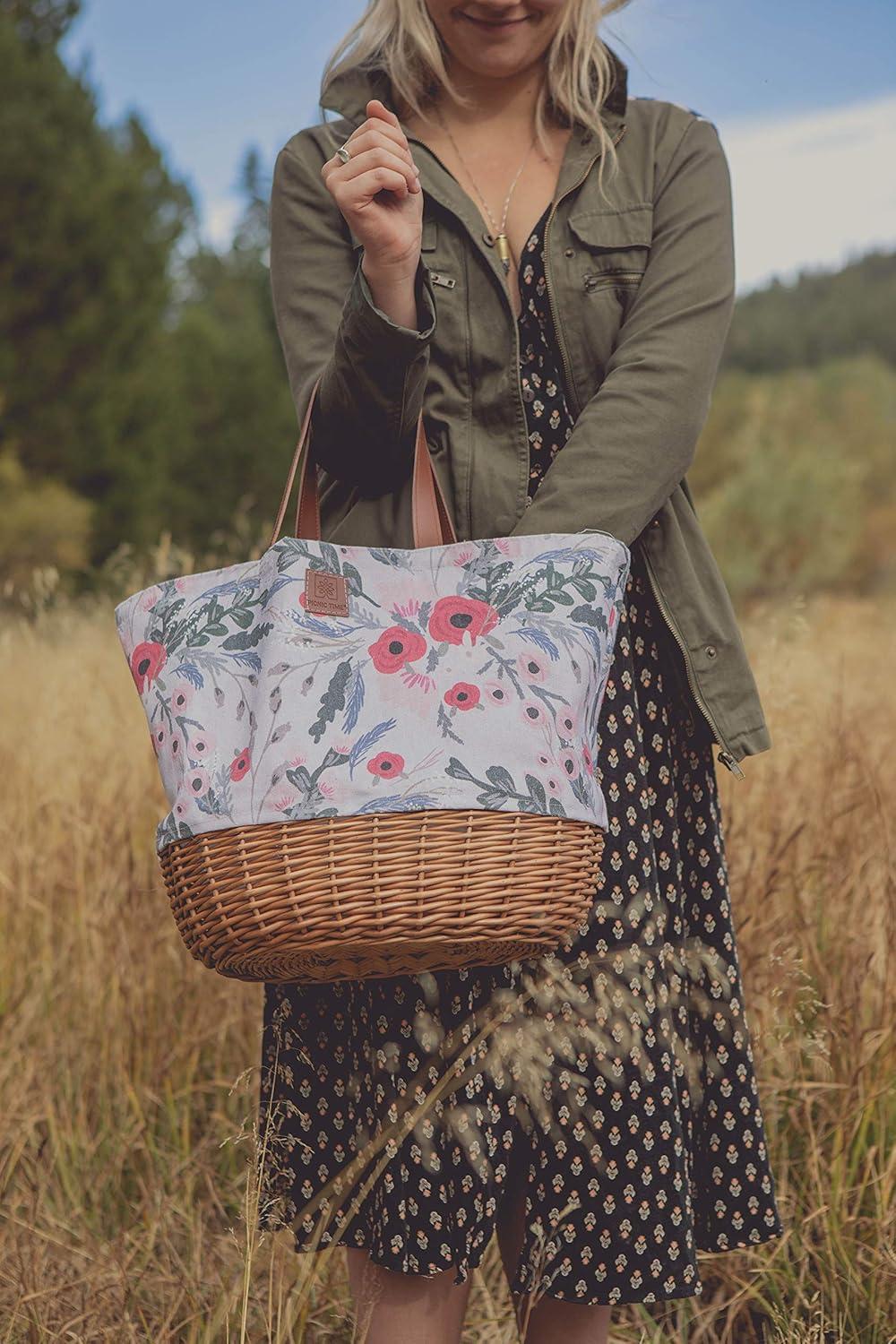 Picnic Time Coronado Canvas and Willow Basket Tote with Floral Pattern