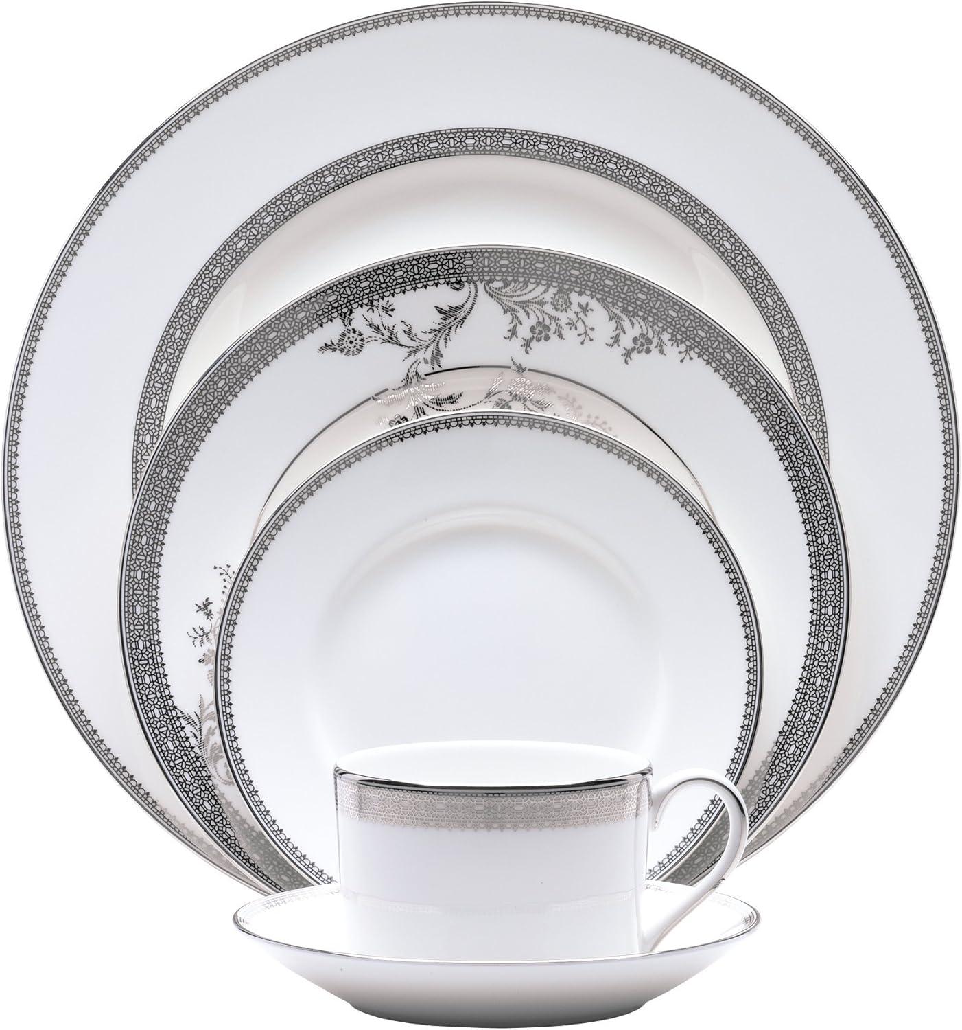 White Porcelain Lace Round Dinnerware Set with Platinum Accents