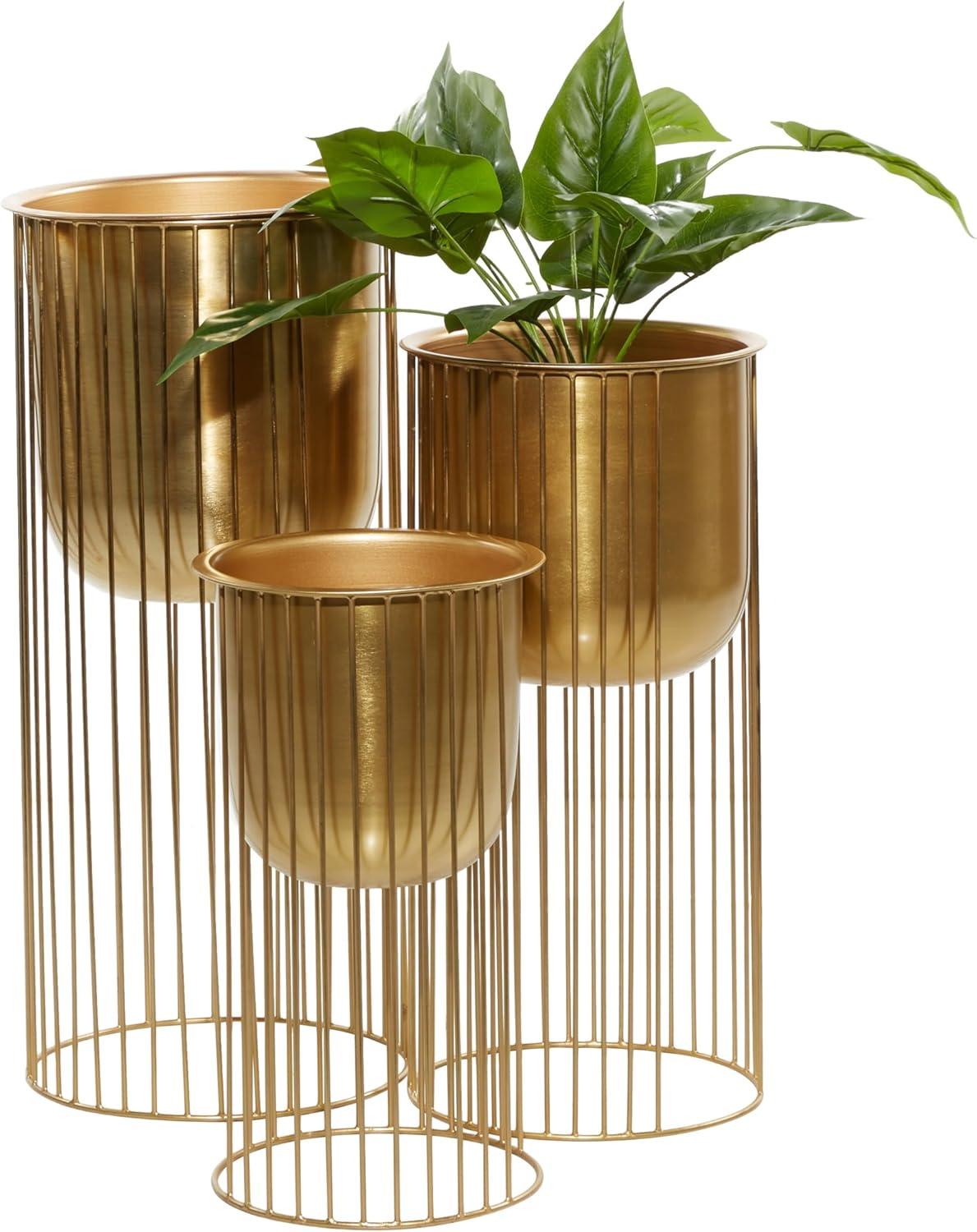 Elevated Satin Gold Metal Planter Trio with Caged Stands