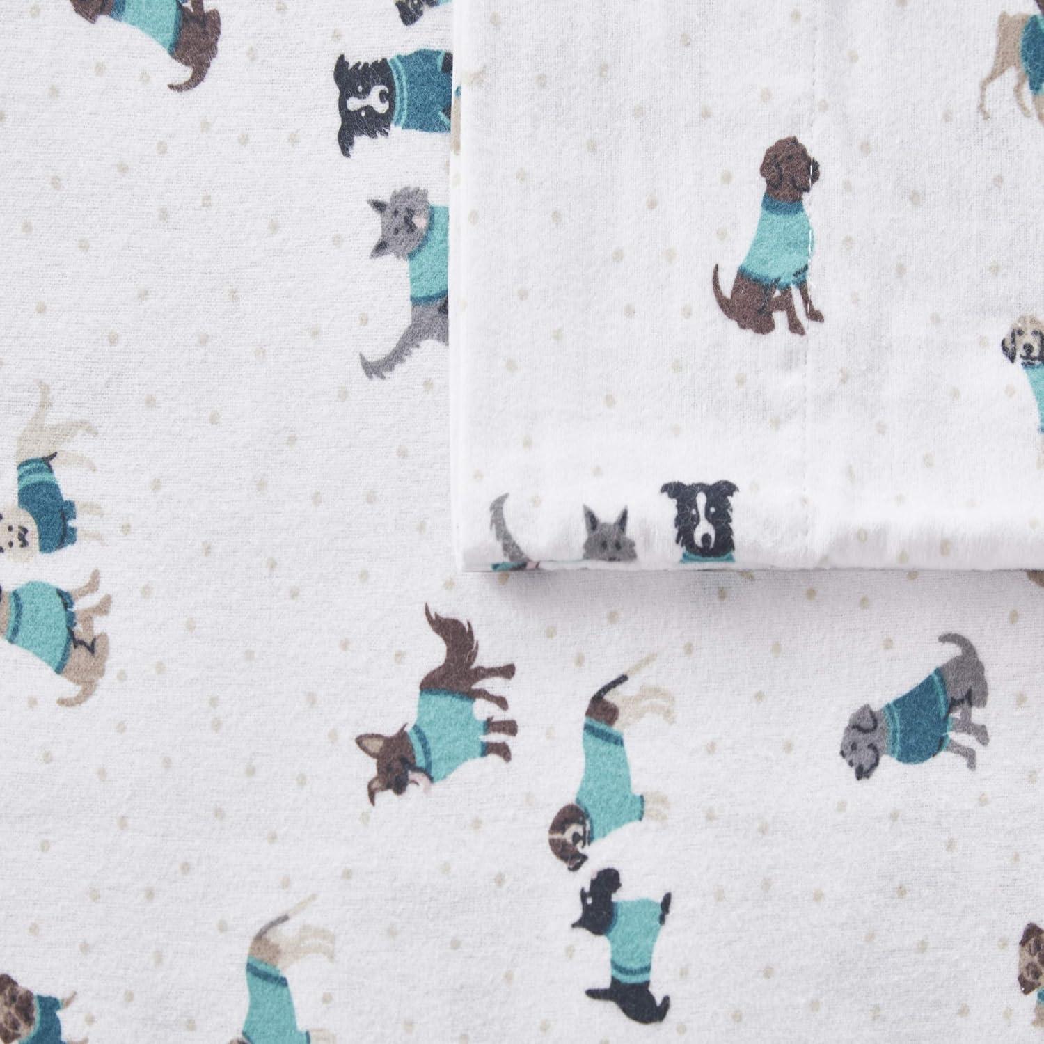 Teal Dogs Full Cotton Flannel Sheet and Pillowcase Set