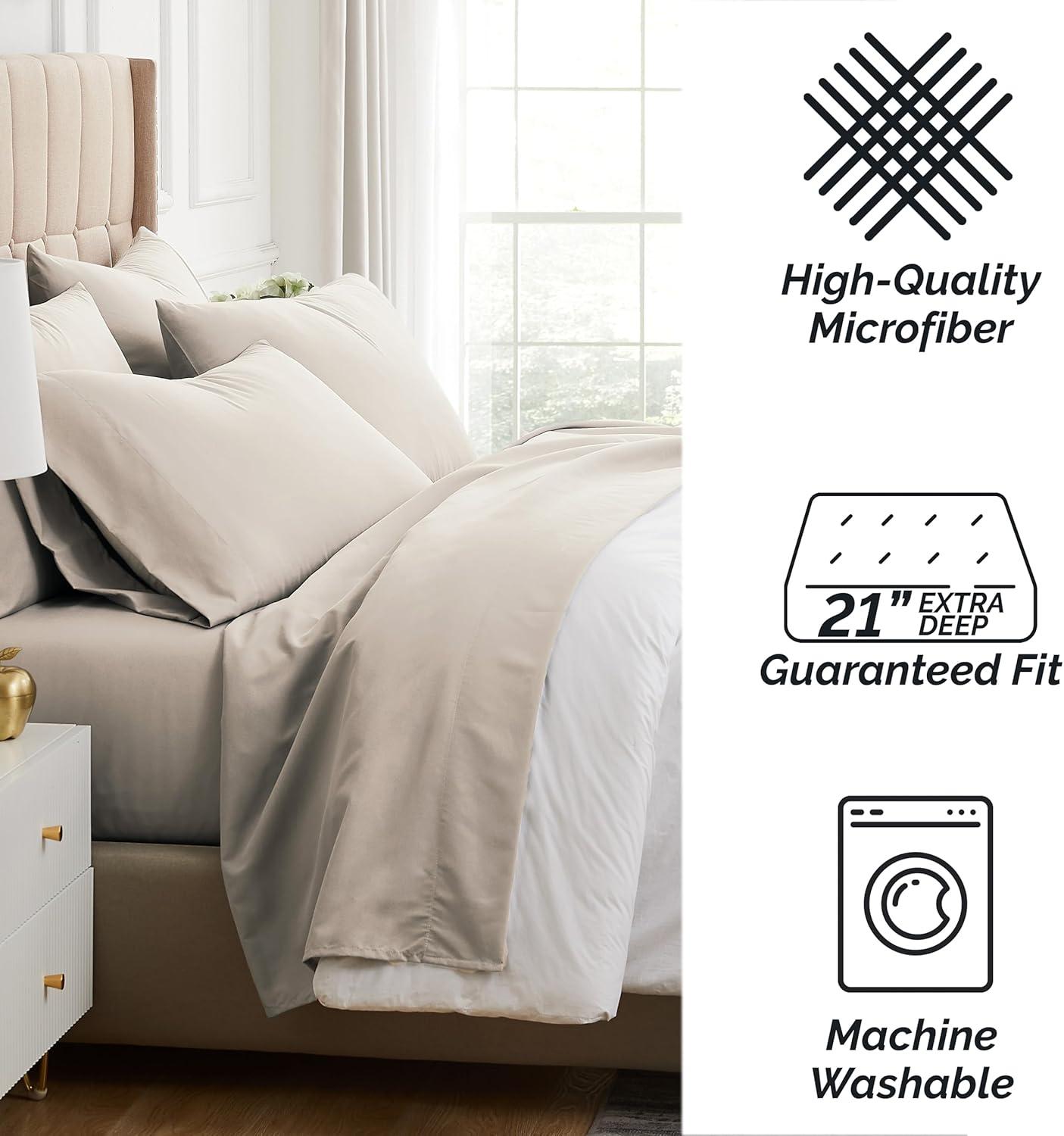 Southshore Fine Living, Inc. 6-Piece, 21-Inch Queen Sheets Deep Pocket, Pet Hair Resistant Queen Bed Sheet Set with Extra Deep Pocket Fitted Sheet, Bone Colored Sheets and Pillow Cases Set of 4, Bone