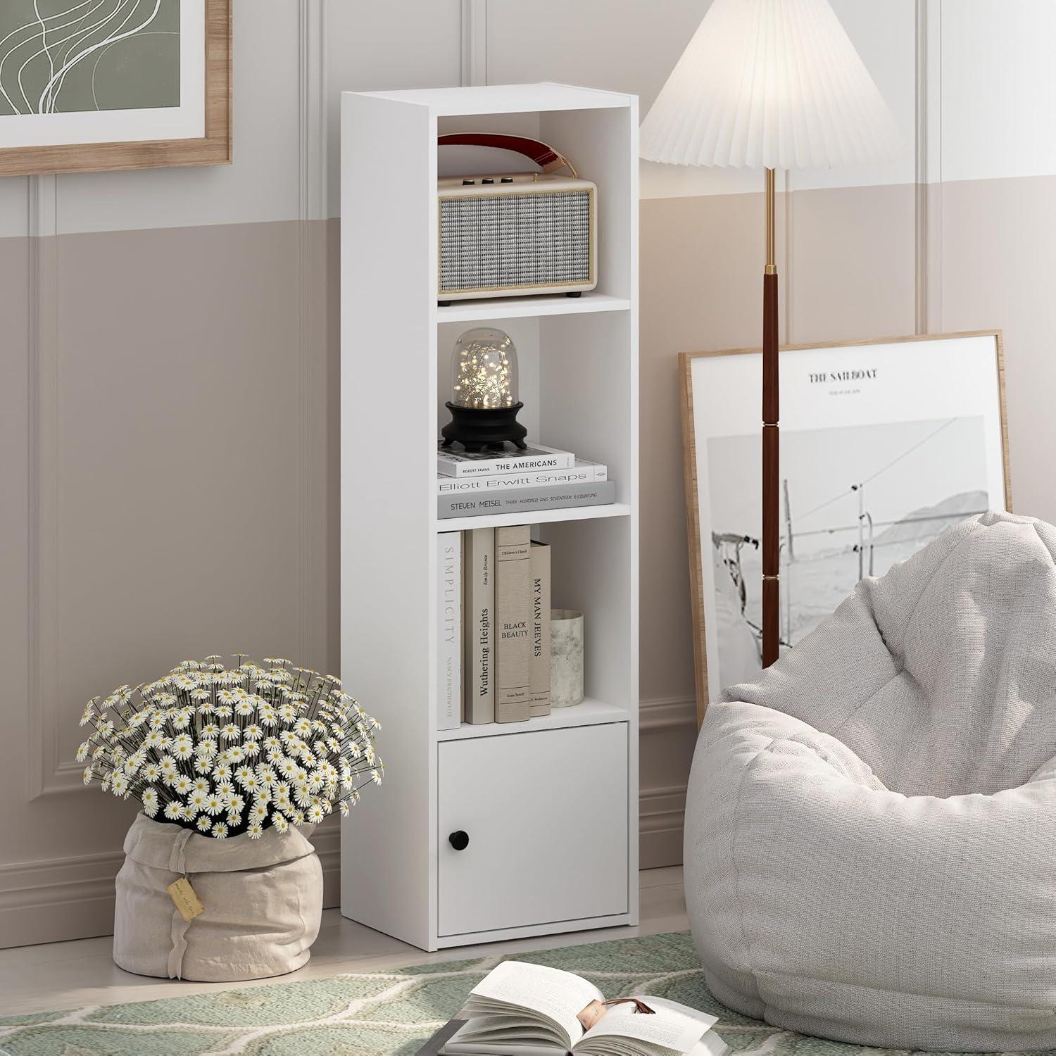 Luder 4-Tier Shelf Bookcase with 1 Door Storage Cabinet, White