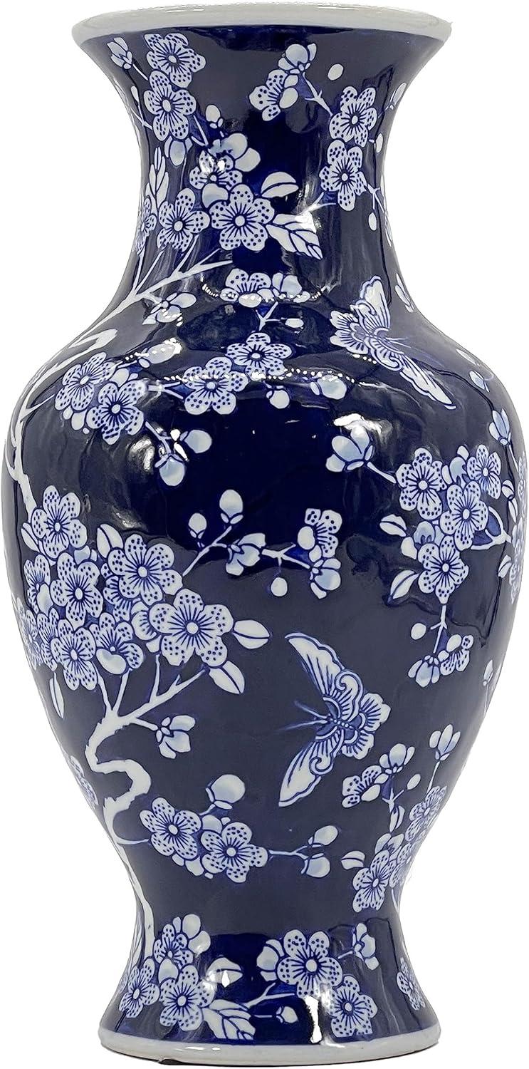Dark Blue Floral Chinoiserie Ceramic Vase with White Accents